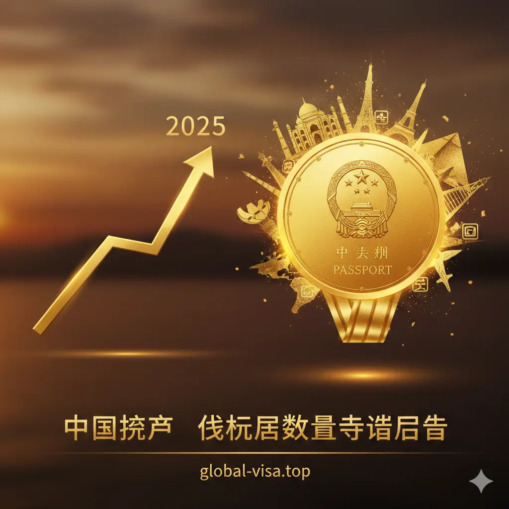 一张体现中国护照含金量提升优势的对比图。画面左侧是一个上升的金色折线图或进度条，标注着‘2025’字样，右侧是一枚印有中国护照轮廓的金色质感勋章。背景融合了泰姬陵、新加坡鱼尾狮、迪拜帆船酒店等免签地标志性建筑的艺术剪影。整体色调辉煌灿烂，使用暖色系和高级感十足的金色，展现中国公民海外出行的便利优势。