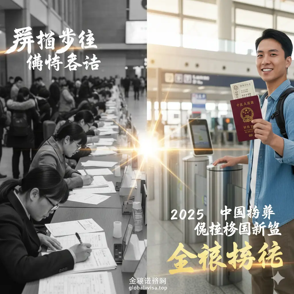 一张体现中国护照含金量提升的优势对比图。画面采用左右分割构图,左侧是繁琐的签证申请表格和排队的人群(低饱和度灰色),右侧是一位笑容灿烂的旅行者拿着中国护照直接通过智能闸口(高饱和度、明亮色彩)。光影处理上由阴暗转向光明,寓意2025年免签政策带来的巨大便利,背景中隐约可见‘2025’和‘Visa Free’的艺术字体。