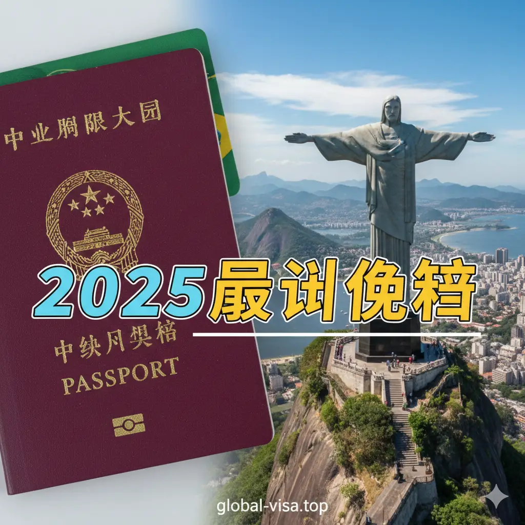 一张富有冲击力的视觉封面图。画面左侧特写一本红色的中国普通护照,右侧是极具巴西代表性的基督山(Christ the Redeemer)全景,背景点缀着里约热内卢的蓝天白云。画面中央使用醒目的中文字体标注‘2025巴西免签’,风格干净现代,色彩明亮饱满,体现出国际旅行的轻松与自由感。