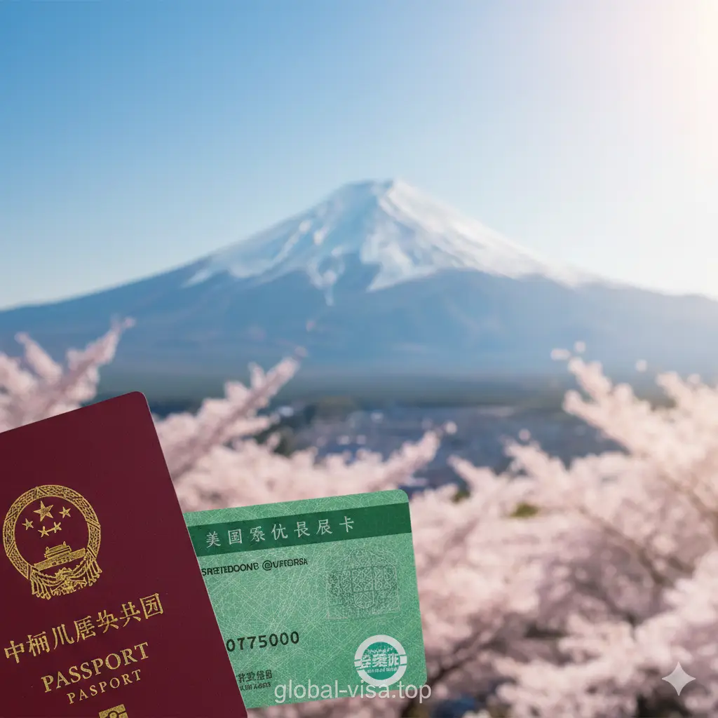 一张高质量的旅游意境封面图。画面左侧近景处摆放着一本深红色的中国护照和一张精致的美国绿卡模拟件，背景是虚化的日本京都清水寺或富士山。光线温暖柔和，采用浅景深构图，色彩明亮且具有现代感，右上角留白处适合添加标题文字，整体传达出轻松出行的氛围。