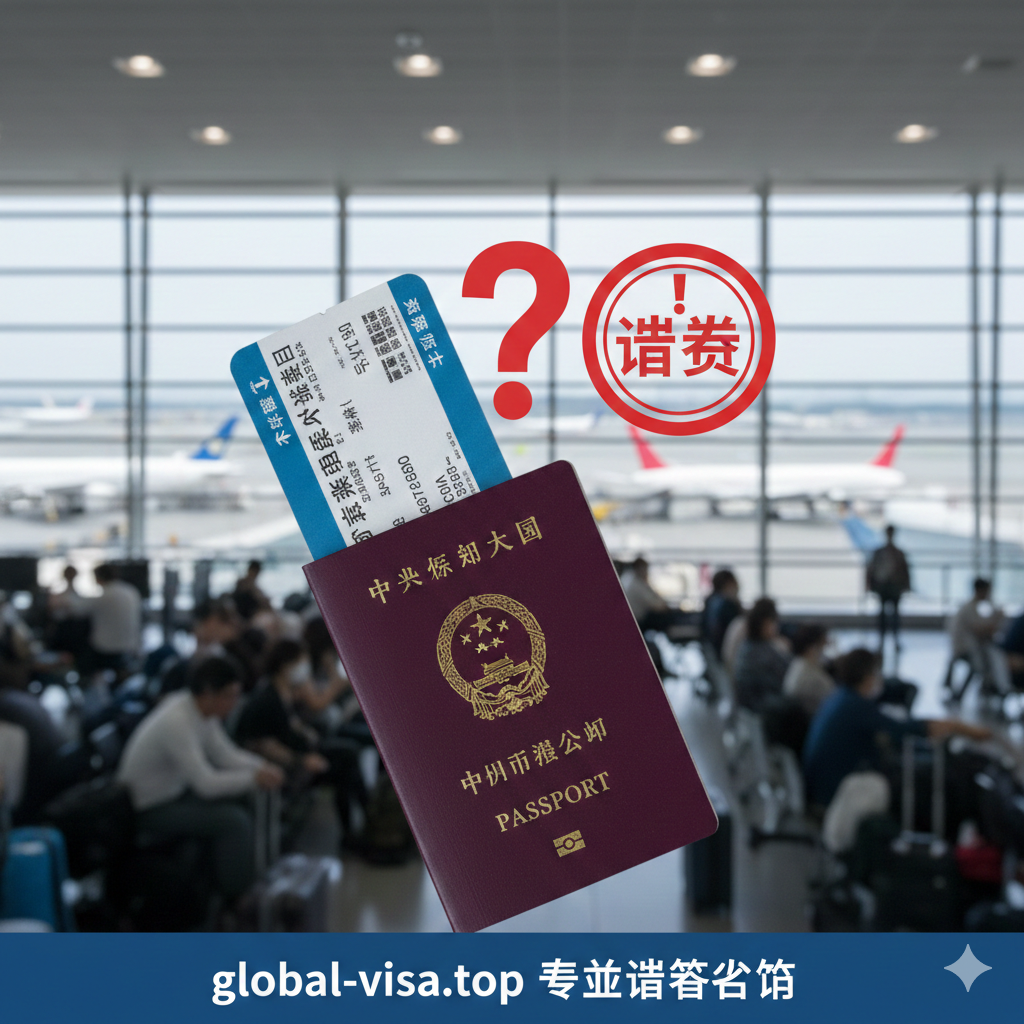 一张高质量的封面图，画面中央清晰展示一本中国护照和一张飞往日本的登机牌，背景是虚化的东京成田机场繁忙的候机大厅，光线明亮专业。画面中融入一个红色的问号或者“Visa Check”的图标元素，象征着关于过境签证的疑问与警示。整体色调采用商务蓝与警示红的搭配，突显global-visa.top的专业签证咨询形象。