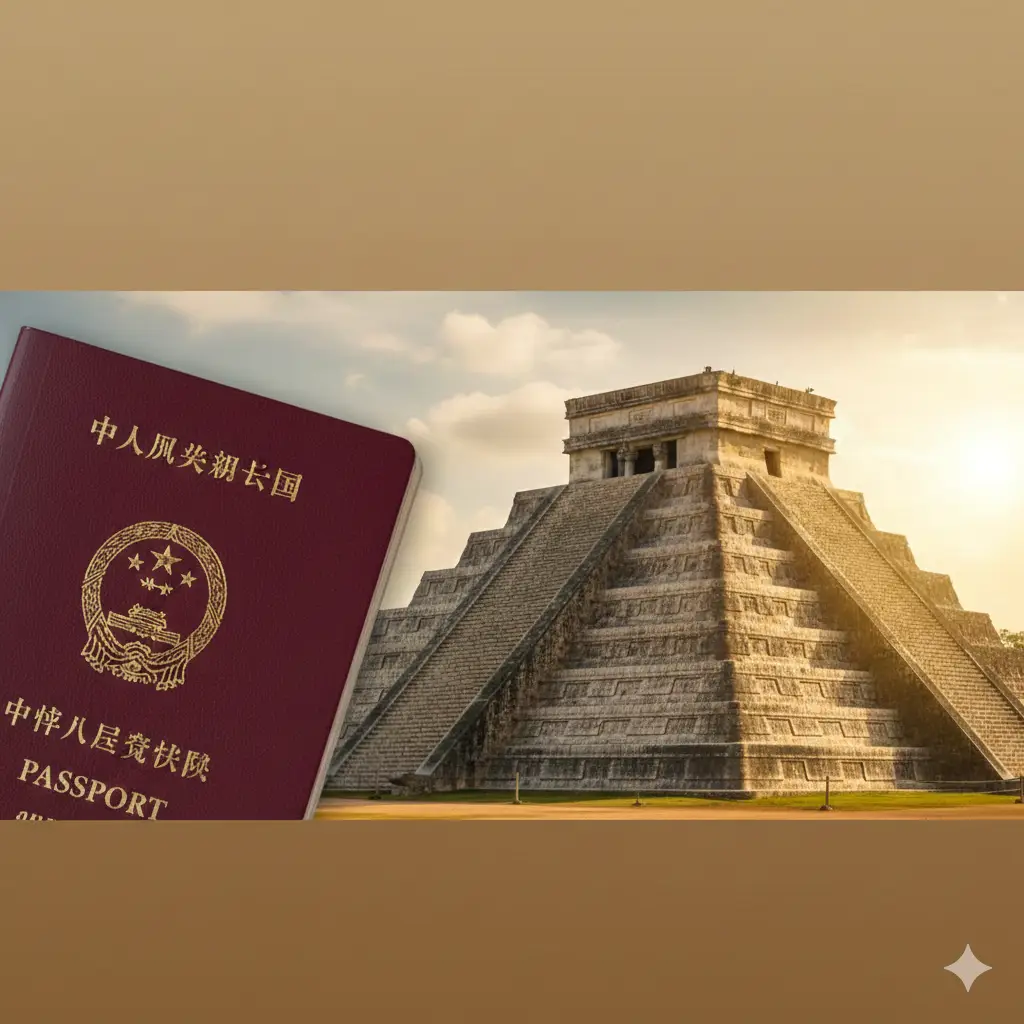 一张高质量的旅游背景封面图。画面左侧近景是一本深红色的中国护照，右侧背景是墨西哥标志性的奇琴伊察玛雅金字塔，阳光明媚。整体色调温暖且专业，构图采用对角线分布，护照质感真实，金字塔细节清晰，寓意中国护照持有人开启墨西哥探索之旅。画面上方留有适当空白，方便后期添加标题文字。