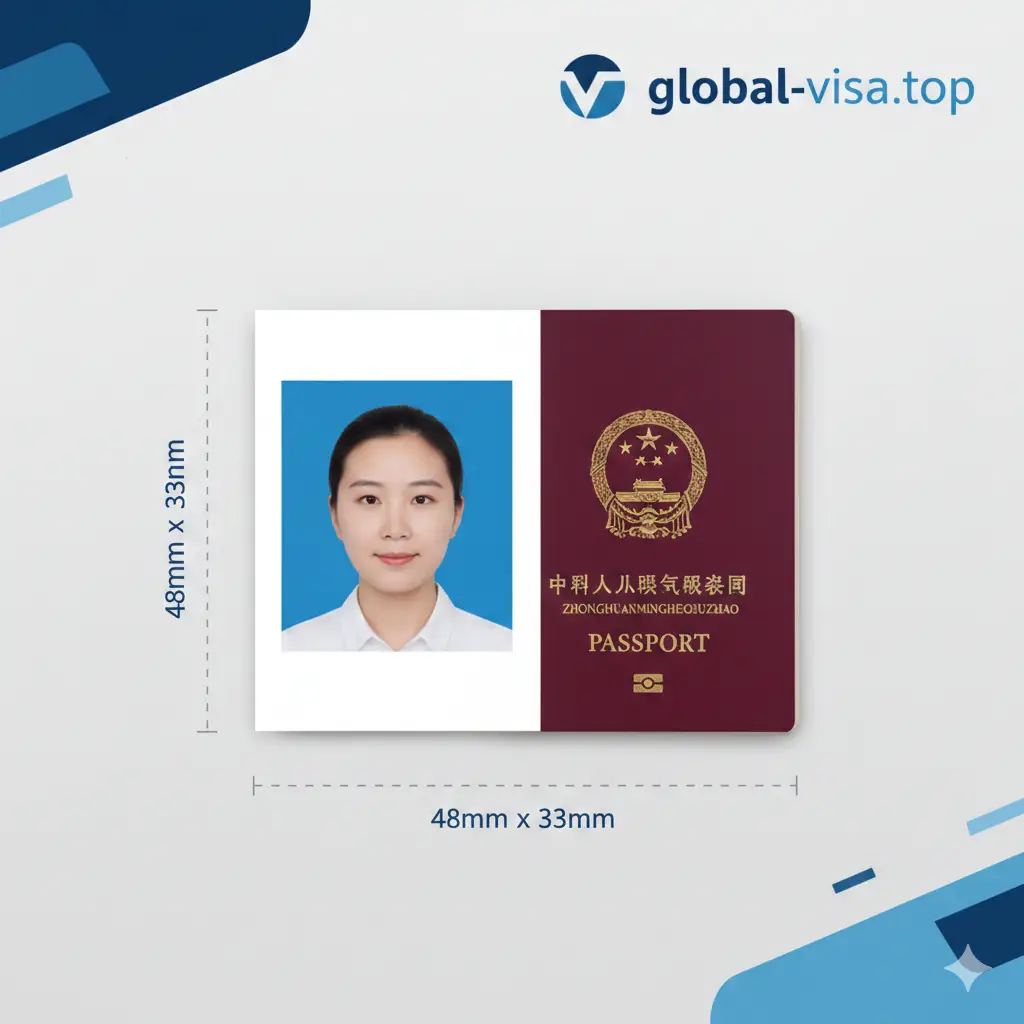 一张高质量、专业感十足的封面图。画面中央是一张符合中国护照标准（48x33mm）的年轻华人女性证件照，背景为纯白色，五官清晰。照片旁叠放着一本深红色的中国护照封面（带有金色国徽）。背景采用干净的办公桌面风格，点缀有护照尺寸标注线和Global Visa的品牌色调，整体构图简洁大方，光线明亮均匀。