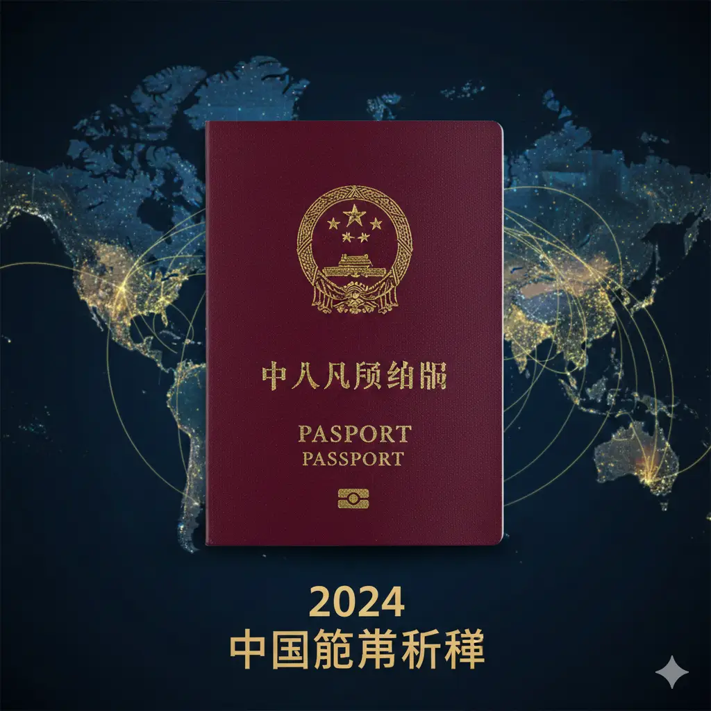 一张极具商务感与国际化的封面大图。画面中心是一本深红色的中国护照，质感细腻且带有金色烫印。背景是一个虚化的全球地图发光线条，色彩以深蓝色和金色为主调，点缀着微弱的航线光点。构图采用大气的中央对焦，上方留有放置标题的空白空间。整体风格专业、权威，体现中国护照在全球排名中的崛起趋势。