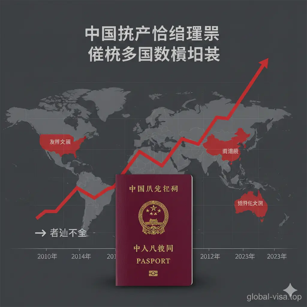 一张专注于数据分析的图表风格图片。前景清晰地展示了一本中国护照，背景是一个上升的趋势折线图，象征着中国护照免签国家数量的逐年增加。背景地图重点高亮了亚洲、中东及互免签证的友好国家区域（如泰国、阿联酋等）。色彩使用代表中国的红色与稳重的深灰色结合，视觉风格严谨、客观，旨在展示中国护照升值的积极趋势，配合文章中关于中国护照深度分析的章节。