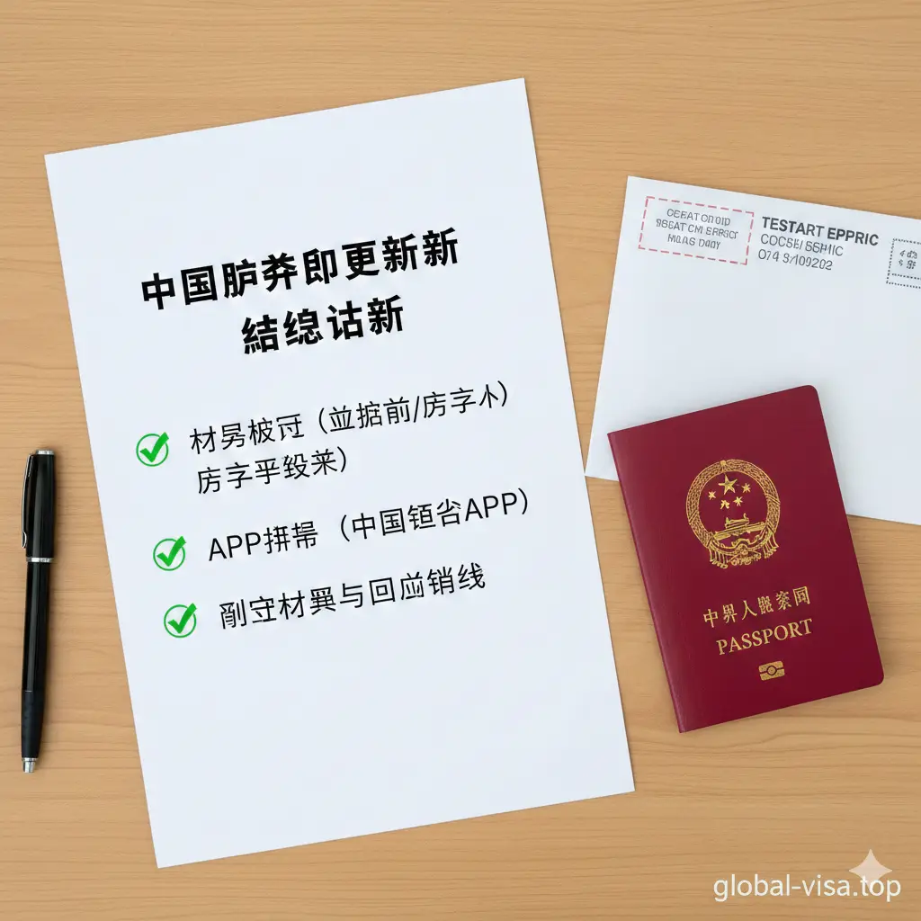 一张高质量的封面大图，中心展示一本深红色的中国护照和一部显示中国领事APP界面的智能手机。背景是模糊的全球地图与标志性航空建筑，采用温暖的金色与科技蓝色调。画面构图大气，光影聚焦在护照金色国徽上，体现权威性与全球化服务的质感，右下角带有微弱的global-visa.top品牌水印感。