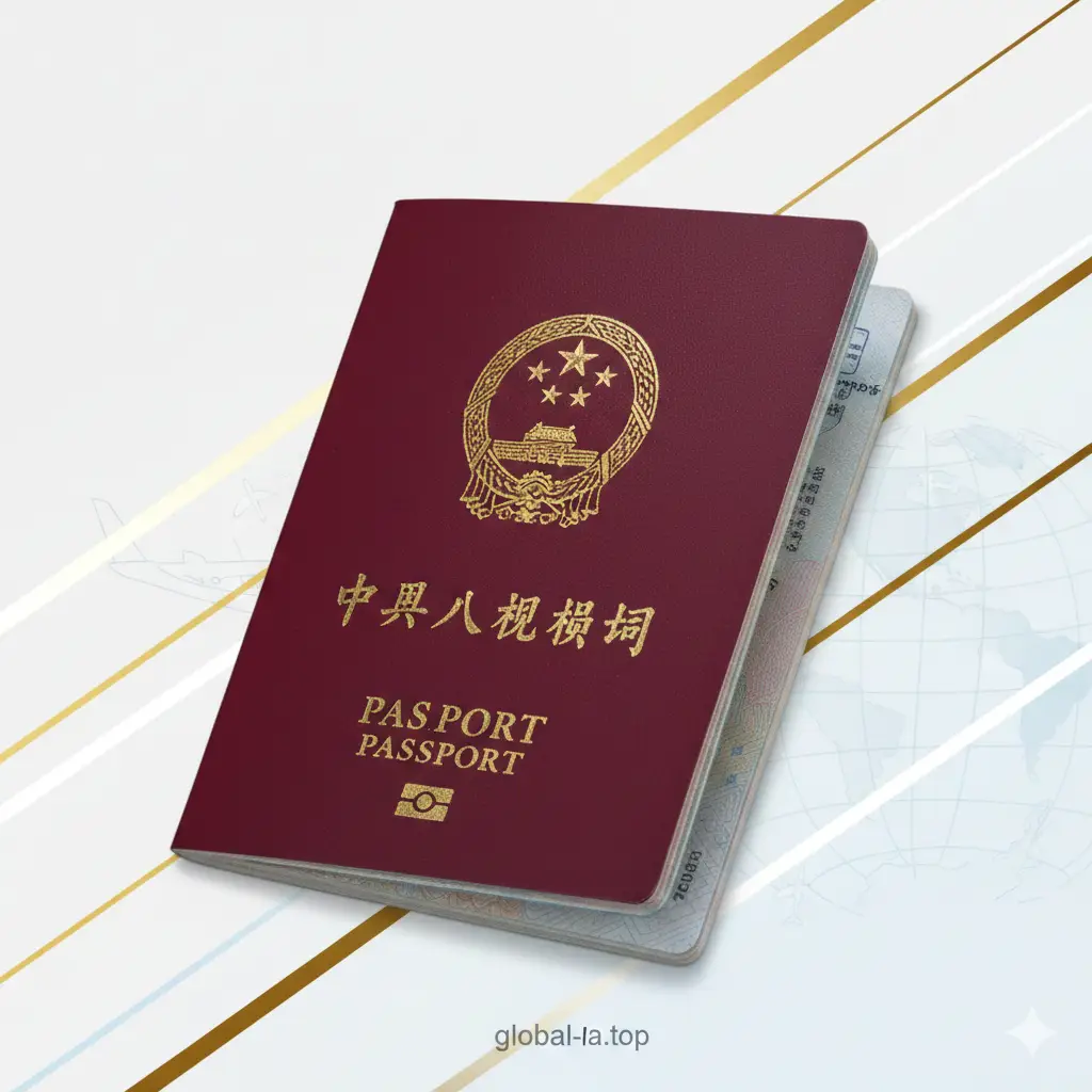 一张高质量、现代感十足的封面图。画面中央是一本清晰的中国护照,封面金色国徽在光影下熠熠生辉。背景采用极简风格,点缀着模糊的国际机场登机口或世界地图线条,营造出全球旅行的氛围。色调以红色、金色和白色为主,构图采用对角线或中心构图,整体视觉高端且具有官方权威感,体现中国护照换发的主题。