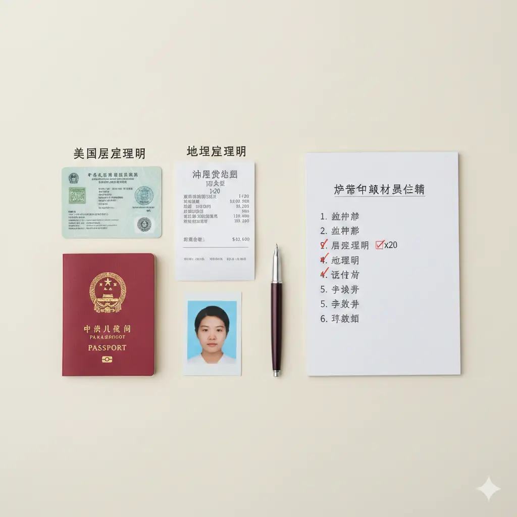 一张展示护照申请准备材料的平铺摄影图（Flat Lay风格）。画面上整齐排列着办理护照所需的关键文件：一本旧护照、一张模拟的美国绿卡或I-20表格、一份水电费账单（地址证明）以及一张2x2英寸的白底证件照。旁边放着一支钢笔和一个打钩的清单本（Checklist），象征准备工作井井有条。构图干净利落，背景为纯净的米白色或浅灰色，突出文件主体，帮助用户直观理解所需材料。