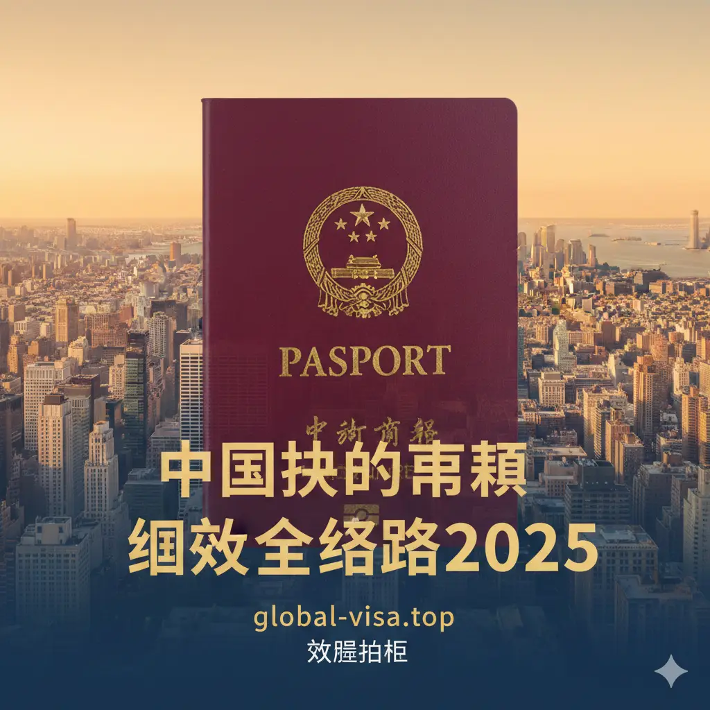 一张高质量的合成封面图。背景是纽约曼哈顿标志性的天际线与自由女神像，半透明叠加中国护照的红色封面。画面中心有醒目的中文字样‘中国护照更新纽约全攻略2025’。整体色调采用温暖的金色与中国红交织，构图宏大且具有权威感，展现出跨国领事服务的专业形象。