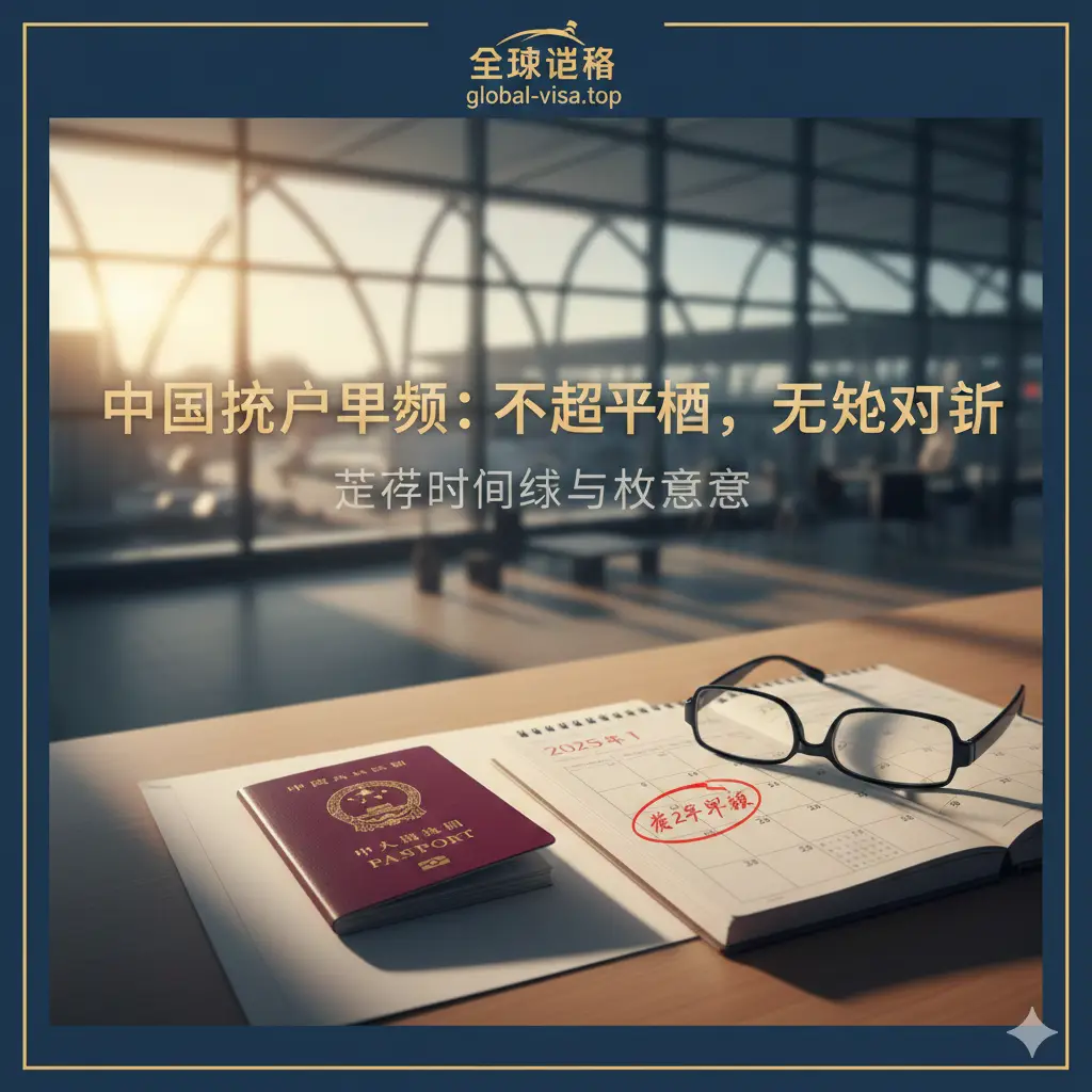 一张高清且具有现代感的封面图片。画面主体是一本醒目的中国护照放在整洁的办公桌上，旁边是一张带有2025年日期标注的日历和一副黑框眼镜。背景是模糊的机场航站楼，阳光透过落地窗洒在桌面，整体色调以温暖的金色和稳重的深蓝色为主，采用大光圈虚化背景，构图采用黄金分割法，视觉中心聚焦在护照封面，传达出专业、可靠且富有前瞻性的旅行准备氛围。