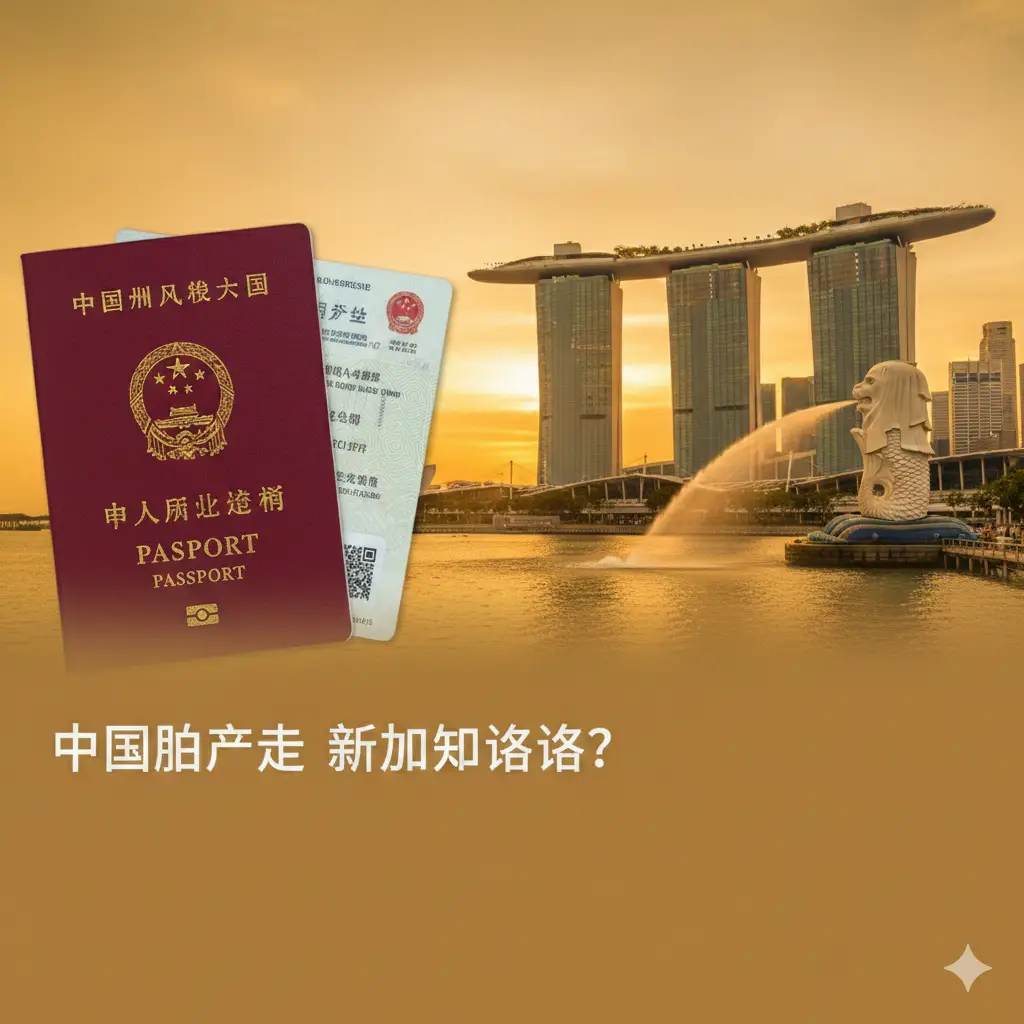 一张融合了中国护照封面与新加坡标志性建筑滨海湾金沙酒店、鱼尾狮像的高清合成视觉图。背景是温暖的夕阳金色调，画面左侧特写一本红色的中国护照，右侧是极具现代感的新加坡城市天际线。构图采用大气的广角透视，色调明亮且富有旅行诱惑力，文字区域留白，展现出‘中国护照去新加坡需要签证吗’的探索感。