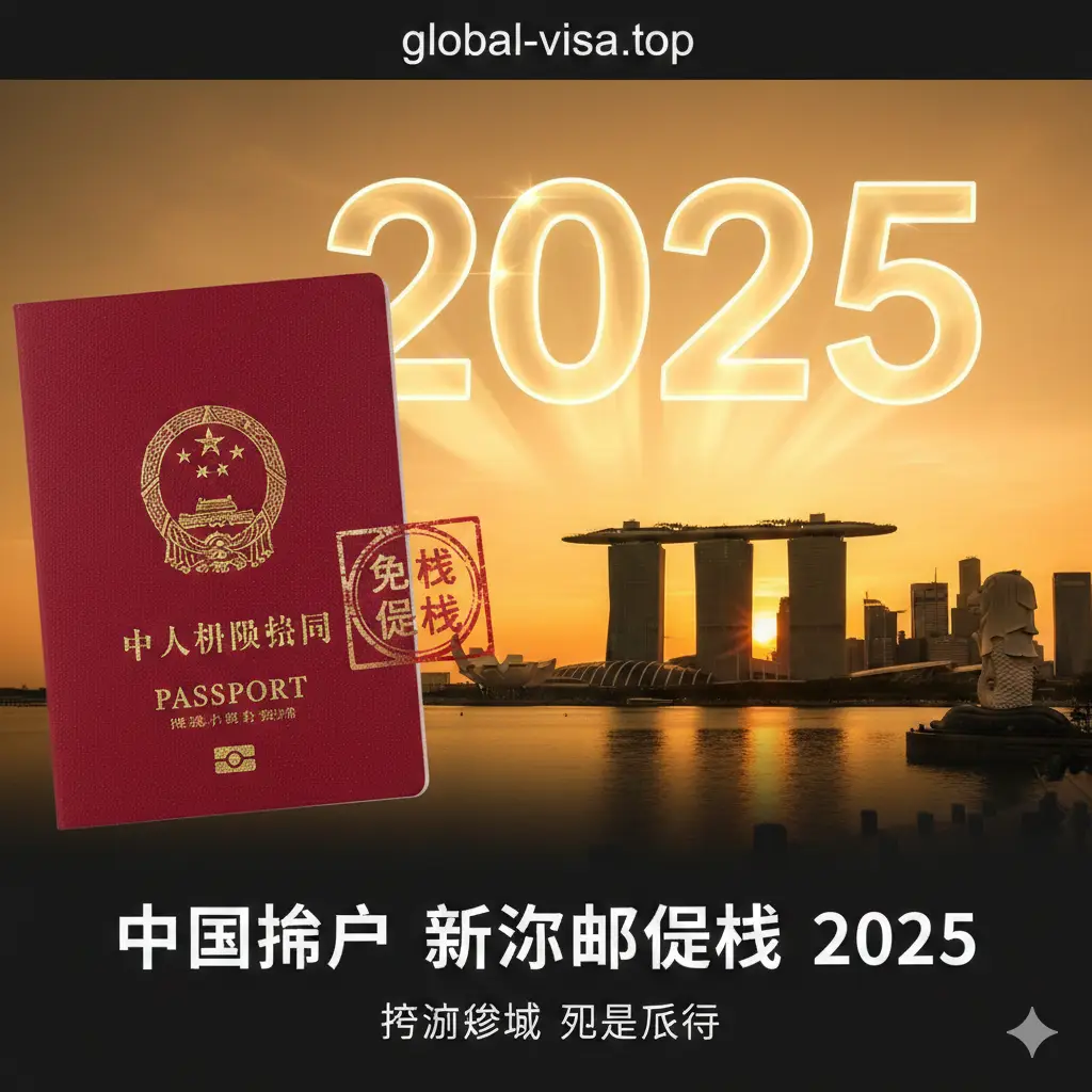 一张具有现代感的旅游封面图。画面左侧是鲜艳的中国护照特写，右侧是新加坡地标建筑滨海湾金沙酒店和鱼尾狮公园的远景。背景采用温暖的日落金橙色调，点缀着代表2025年的光影字体。整体构图大气，色彩饱和度高，展现出大国出行的便利感与东南亚的异域风情。