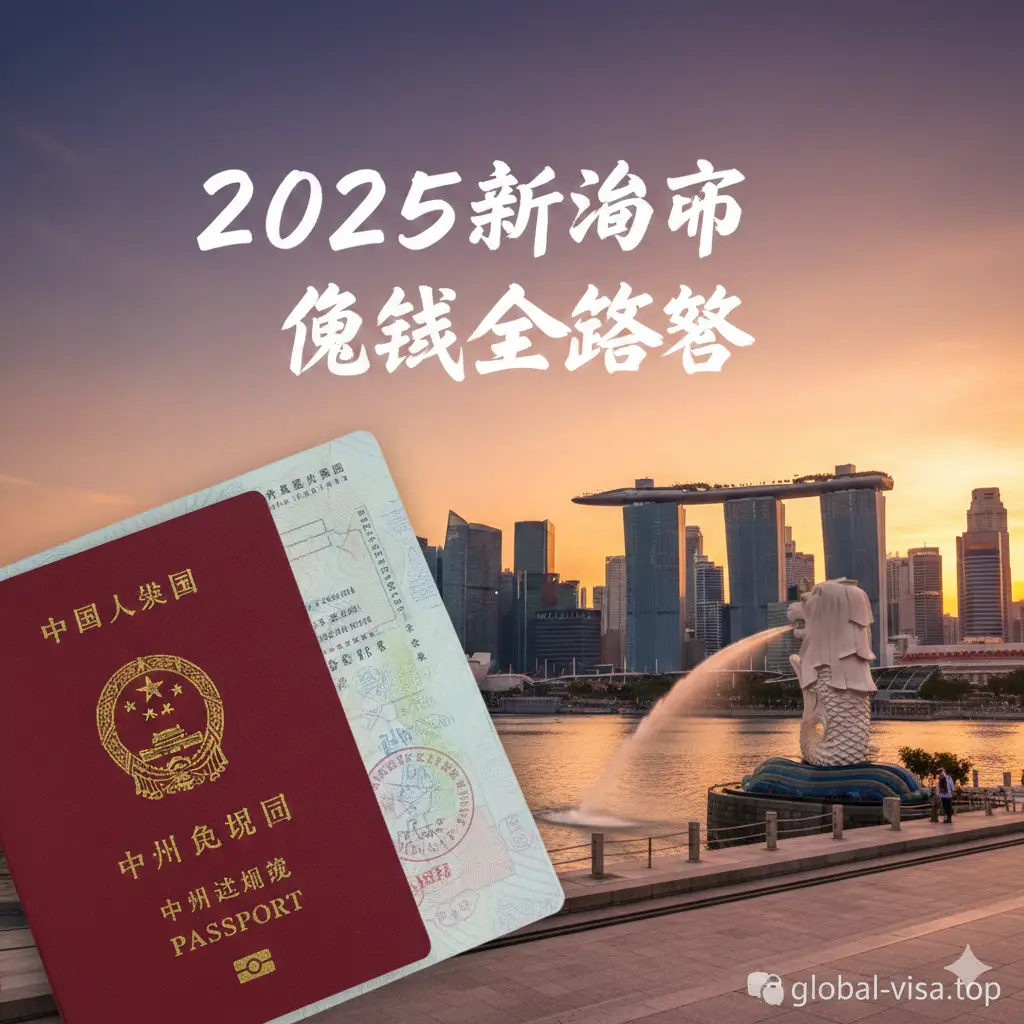 一张高质量的旅游背景图。左侧近景展示一本清晰的红色中国护照，右侧背景是新加坡滨海湾金沙酒店和鱼尾狮公园的城市天际线，处于落日余晖的暖色调中。构图采用三分法，画面中心上方带有醒目的中文字样‘2025新加坡免签全攻略’。色调明亮、大气，展现出丝滑入境的轻松感，符合global-visa.top的专业品牌形象。