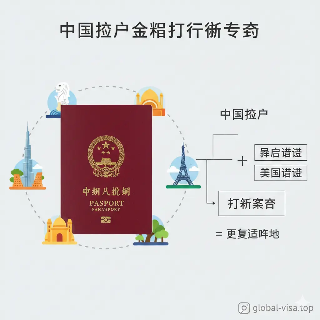 针对中国护照持有者的出行策略指导图。画面中央是一本醒目的红色中国护照，周围环绕着东南亚（新马泰）、中东和部分欧洲国家的微缩景观图标，如鱼尾狮、哈利法塔等。右侧通过简洁的逻辑连线展示‘中国护照 + 申根签证/美国签证’的组合方案。采用扁平化插画风格与实物拍摄相结合，色彩鲜明，指示清晰，具有引导性。