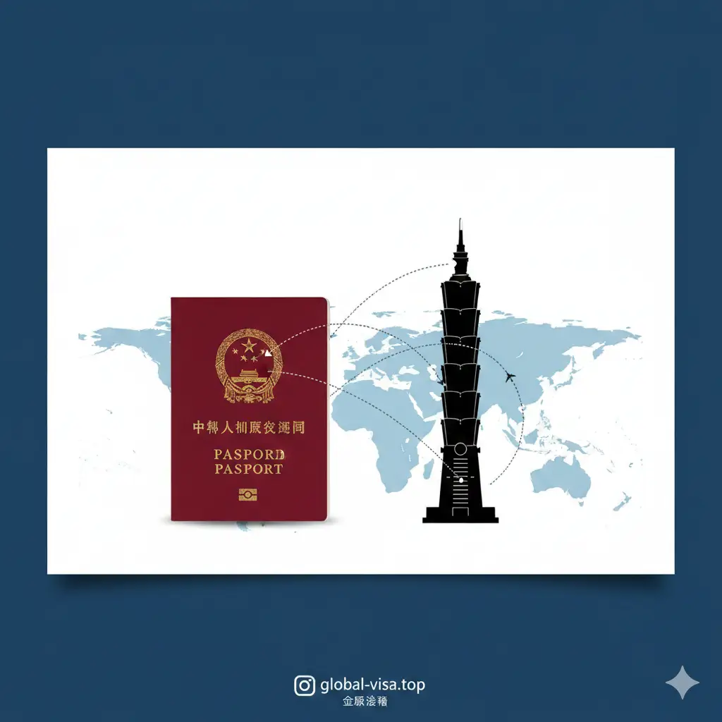 一张极具视觉冲击力的封面图，左侧放置一本清晰的中国护照，右侧是标志性的台北101大楼剪影。背景融合了淡蓝色的世界地图底纹和微缩的飞行航线。整体色调采用商务蓝与明亮白，上方留有足够空间展示文章标题。构图现代且富有旅游气息，体现出‘出境’与‘目的地’的紧密关联。