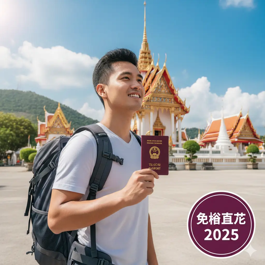展示2025年中国护照含金量提升的生活方式摄影图。画面前景是一位背着旅行包的年轻游客，手持护照站在阳光明媚的热带海滩或异国著名地标前（如泰国的寺庙或新加坡的鱼尾狮），脸上洋溢着自信的笑容。背景色彩鲜艳明快，高饱和度的蓝天白云寓意自由。画面一角巧妙融入“免签直飞”或“Fast Track”的视觉徽章，强调省去繁琐签证流程后的便捷与时间优势。