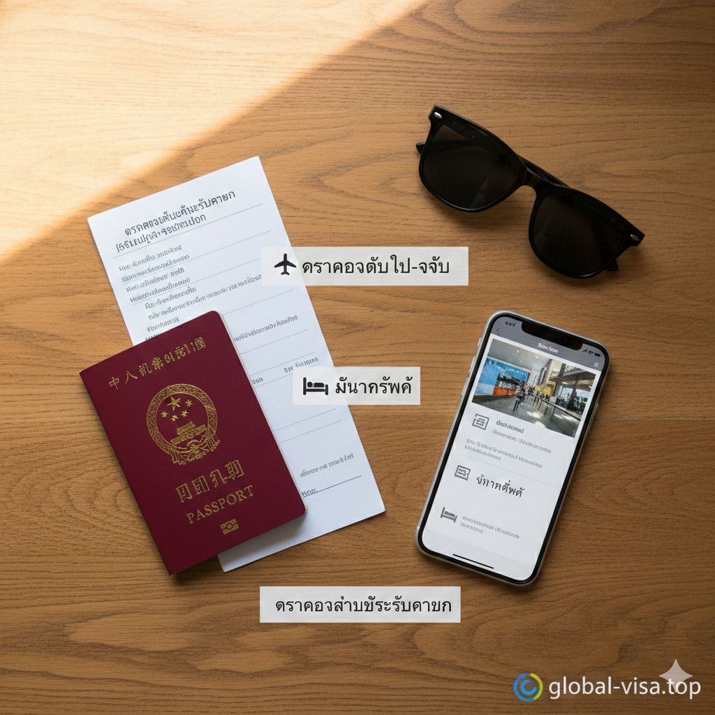 A top-down 'flat lay' composition showing the essential items for a visa-free trip. The items include a Chinese passport, a printed flight itinerary, a smartphone showing a hotel booking confirmation, and a pair of stylish sunglasses on a wooden texture background. Small icons or labels are subtly integrated to show steps like 'Check Passport Validity' and 'Confirm Return Ticket'. The lighting is natural and inviting, creating a helpful 'how-to' atmosphere for travelers.