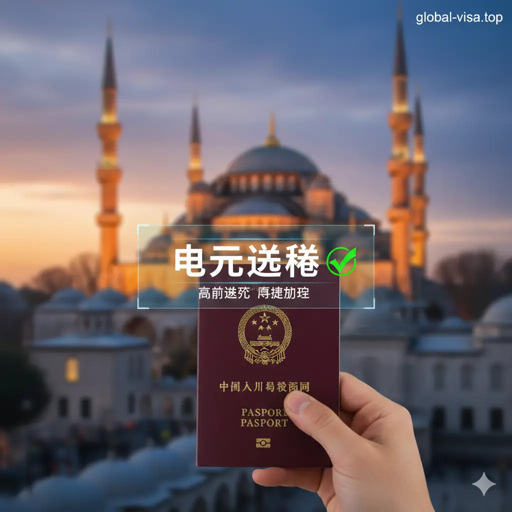 一张高清晰度的概念摄影图片，作为文章封面。前景展示一只手持有一本清晰可见的中国普通护照（暗红色封面），背景虚化处理，展示土耳其标志性的伊斯坦布尔蓝色清真寺或圣索菲亚大教堂，沐浴在金色的夕阳下。画面中加入半透明的数字全息图层，显示'E-Visa'字样和一个绿色的勾选符号，象征着虽然不是免签，但电子签证通过率极高且便捷。整体色调温暖大气，融合了旅行的浪漫与签证政策的严谨感。