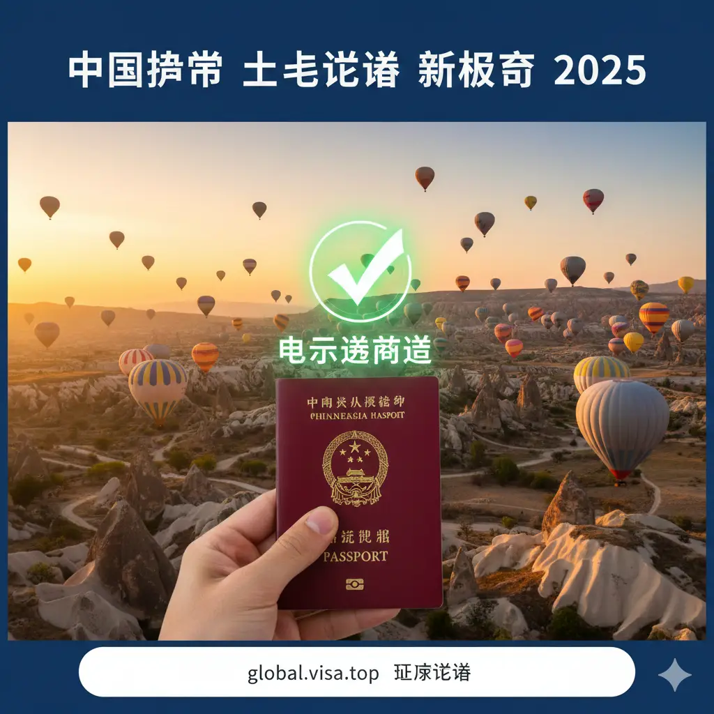 一张极具吸引力的旅游封面图，背景是土耳其卡帕多奇亚日出时分漫天热气球的壮丽景象，画面前景是一只手清晰地握着一本红色的中国普通护照。在护照上方悬浮着一个发光的绿色全息图标，显示'e-Visa Approved'或勾选符号，象征2025年中国公民前往土耳其签证办理的便捷性。光线温暖柔和，色彩以金黄色和土耳其蓝为主调，整体风格高端大气，符合Global-visa.top的专业旅游签证服务形象。