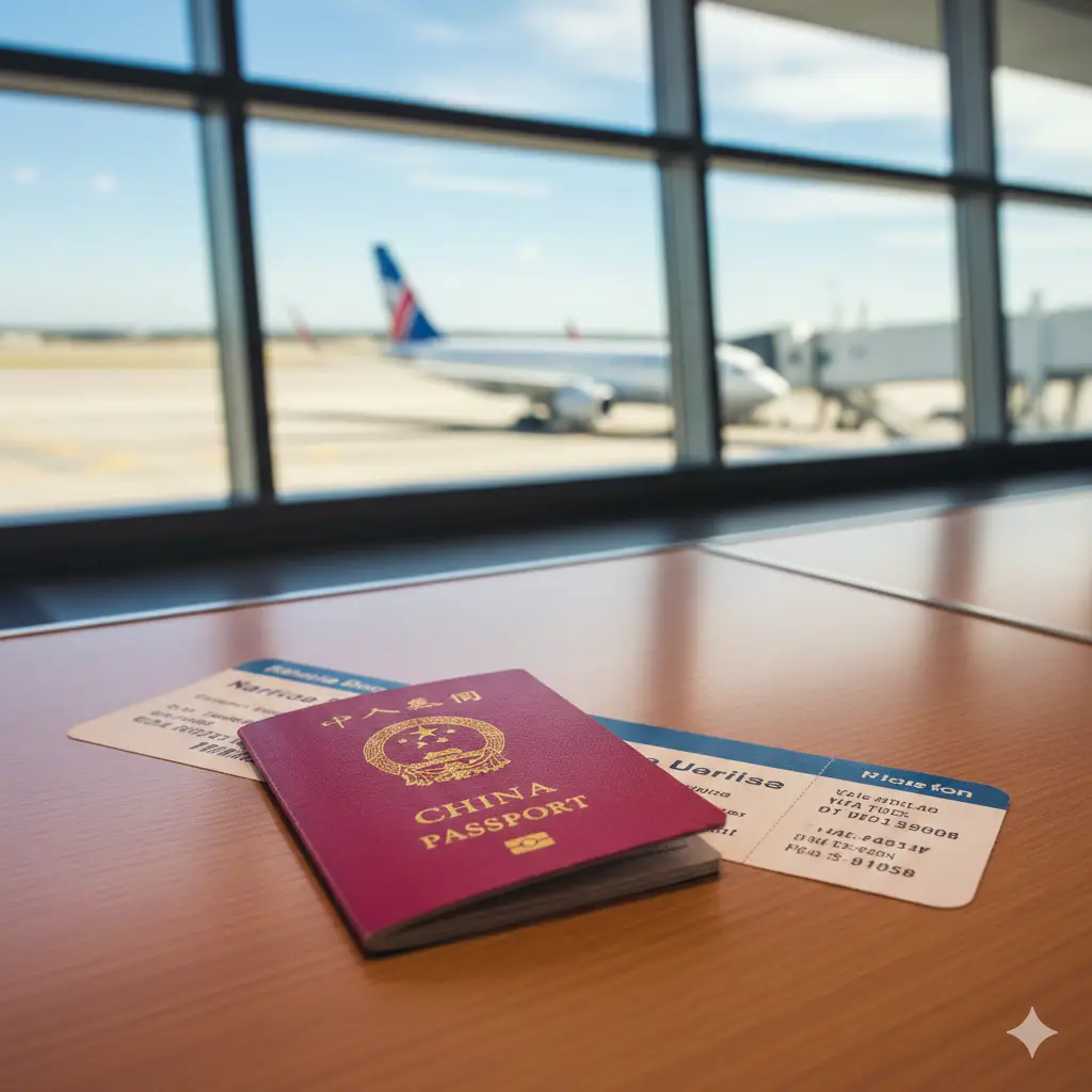 一张高质量的封面图片,近景展示一本红色的中国护照放置在整洁的木质登机桌面上,旁边是一张模糊的美国国内航班登机牌,背景是透过巨大的机场航站楼玻璃窗看到的蓝天和一架正在滑行的美联航或达美航空风格的客机。光线明亮自然,整体色调温暖且专业,构图采用对角线分布,强调中国护照作为核心元素,传达出一种轻松、合规出行的视觉感受。