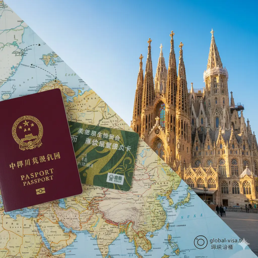一张高质量的旅游背景合成图。左侧近景是一本深红色的中国护照和一张清晰的美国绿卡样张,重叠放置在精致的旅行地图上。背景是西班牙巴塞罗那圣家堂的标志性建筑,阳光明媚,天色湛蓝。整体构图采用对角线分布,色彩鲜艳且充满现代感,画面上方留白方便添加标题文字,展现出跨国旅行的高端格调。