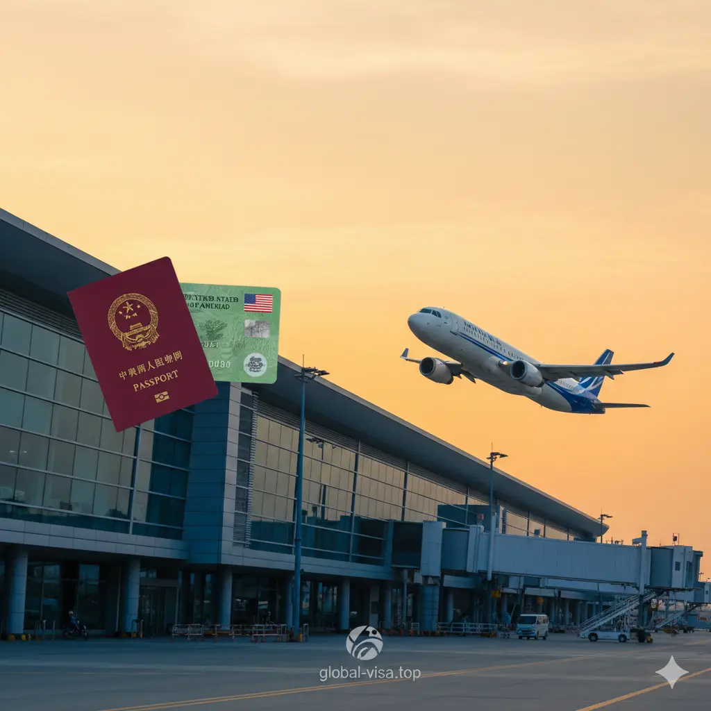 一张具有现代感且大气的封面图。背景是台湾桃园国际机场的标志性航站楼建筑，天空呈现明亮的晨曦色彩。画面左侧展示一本中国护照和一张美国绿卡的实物合成感，右侧有一架正在起飞的客机掠过。整体色彩以商务蓝和温暖的金橙色为主，构图开阔，上方留白方便添加标题，展现出高效便捷的国际旅行氛围。