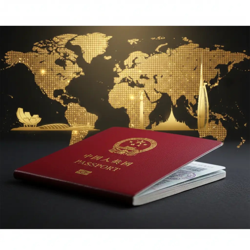 一张极具冲击力的2025年中国护照免签主题封面图。画面中央是一本清晰可见的中国红色普通护照，背景是模糊的全球地图坐标，点缀着新加坡滨海湾、泰国大皇宫和迪拜塔等标志性建筑。色彩以代表中国红和高端质感的金色为主调，采用大景深构图，光线明亮且充满希望感，上方留白方便添加‘2025年最新免签名单’等标题文字，整体呈现专业、权威的旅游攻略风格。