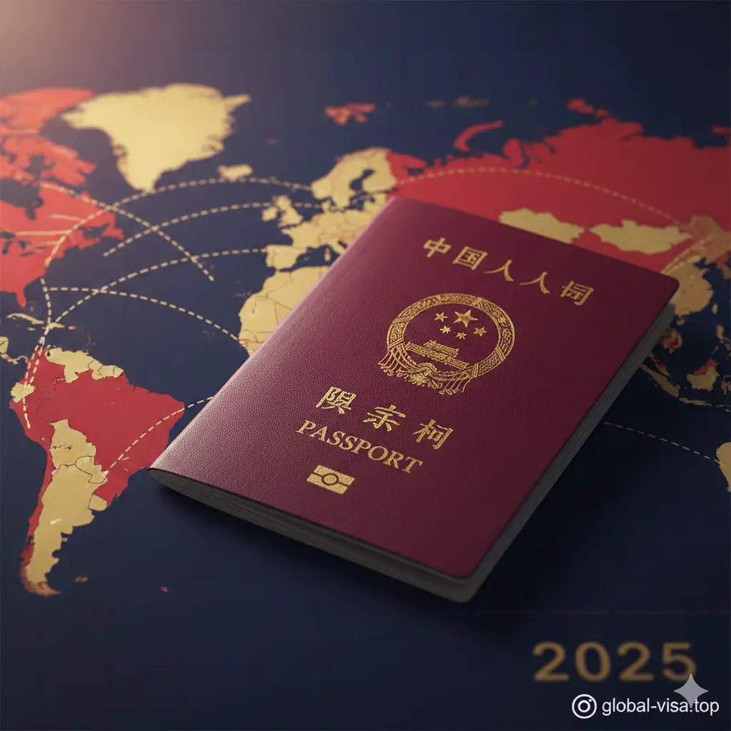 一张极具冲击力的文章封面图。画面中心是一本深红色的中国护照，质感细腻，金色国徽清晰可见。护照放置在亮丽的2025年世界地图背景上，背景点缀着飞机的航线虚线。整体色调以大气的红色、深蓝和金色为主，构图采用微距俯拍，光影柔和。画面上方留有空白，适合后期叠加关于110+免签国家数量的大标题，充满国际旅行的向往感。