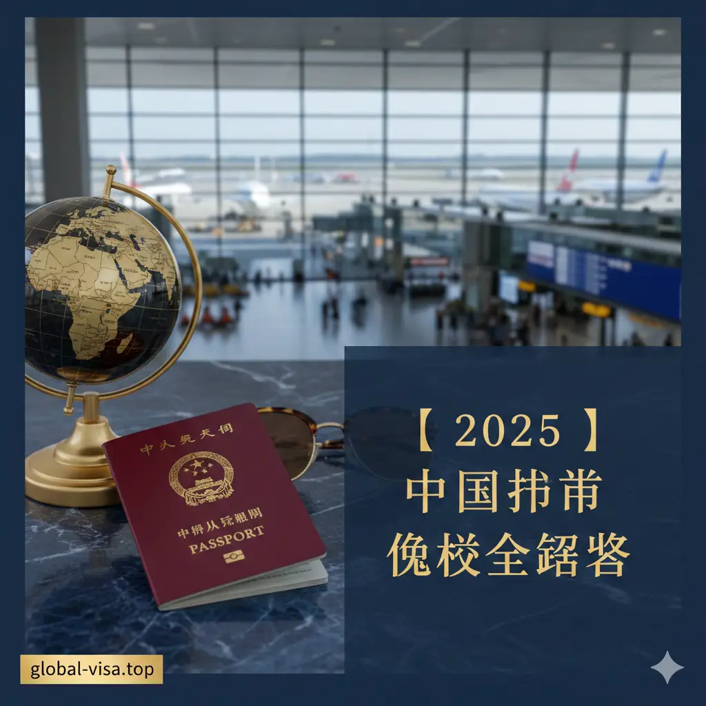 一张极具冲击力的封面大图，背景是模糊的现代化国际机场航站楼，前景是一本清晰的中国护照放在深蓝色的大理石台面上。旁边摆放着一台精致的地球仪和一副复古墨镜。画面正中央或侧边使用金色醒目字体标注『2025 中国护照免签全攻略』。色调以商务蓝和高贵金为主，构图简洁大方，展现出高端旅行的质感。