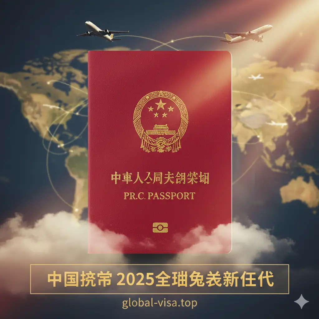 一张极具冲击力的封面图,画面中心是一本红色的中国护照,护照上有明显的烫金国徽,背景是模糊的世界地图和几架正在起飞的客机掠影。色彩以温暖的红色和金色为主调,充满现代感和探索欲望。构图采用中心对称,光影穿透云层照射在护照上,象征着2025年中国护照的含金量提升和全球通行的自由感。