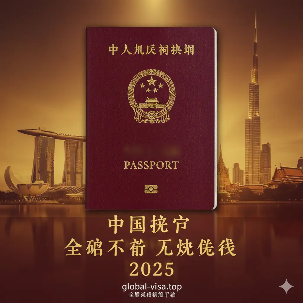 一张极具视觉冲击力的封面图。画面中心是一本暗红色的中国护照,质感细腻,金色国徽闪烁。背景是模糊处理的全球著名地标集合,如新加坡滨海湾金沙、泰国大皇宫和迪拜哈利法塔。整体色调偏向温暖的金色与深红,光影交错,构图采用中心对焦,体现出‘中国护照免签’带来的全球通行感,风格高端且具有商务旅行质感。