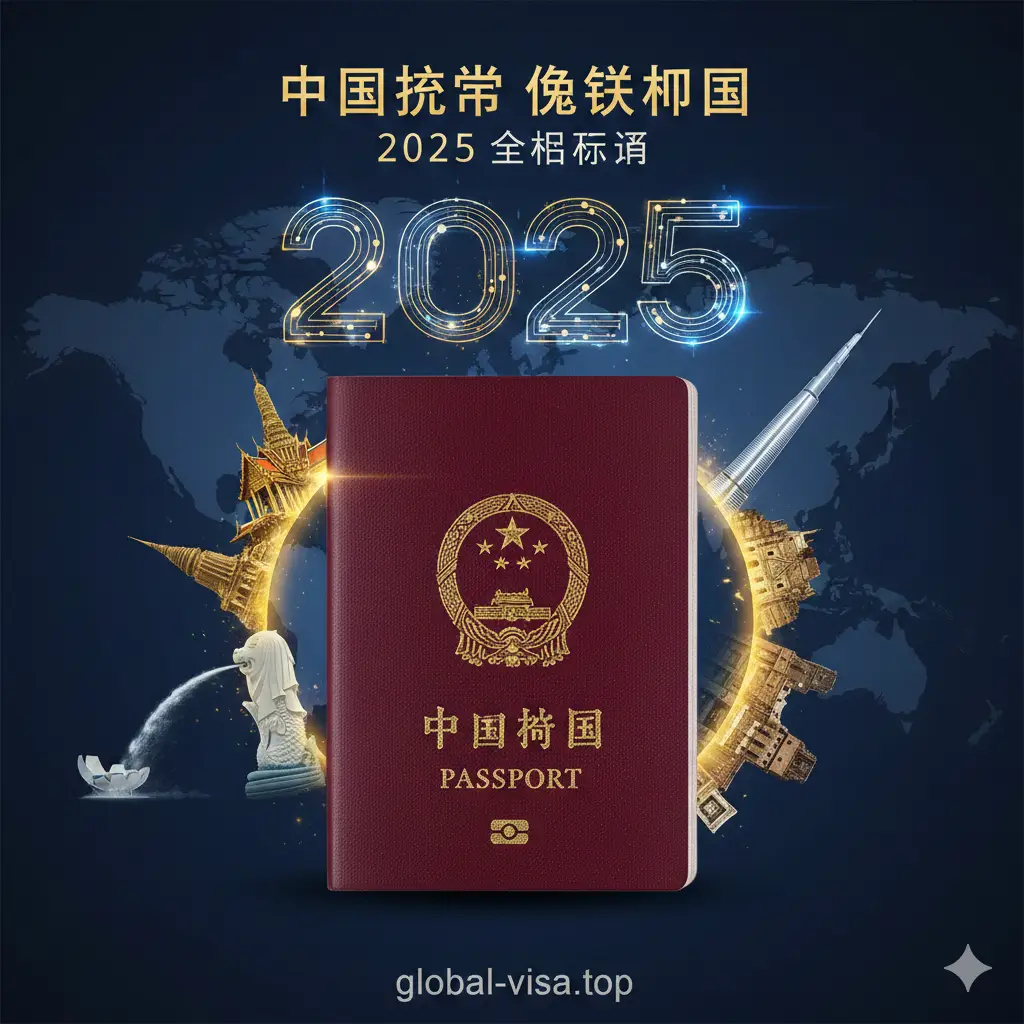一张极具冲击力的2025年中国护照免签主题封面图。画面中心是一本深红色的中国护照，质感细腻逼真，金色国徽闪耀。护照周围环绕着标志性的全球地标，如泰国大皇宫、新加坡鱼尾狮、迪拜哈利法塔和欧洲古城堡。背景是带有科幻感的2025数字光影和深蓝色的世界地图轮廓。整体风格大气、高端，色彩以红、金、深蓝为主，构图采用中心对称，展现出护照含金量提升的视觉意象。