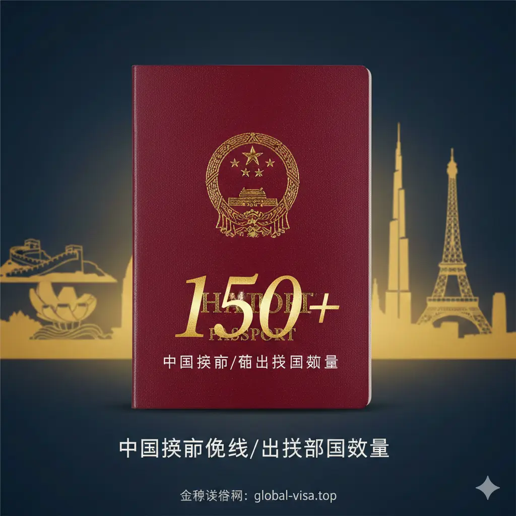 一张极具视觉冲击力的封面图。画面中心是一本深红色的中国护照,质感细腻且带有金色国徽反光。背景是模糊的全球地标剪影,如长城、新加坡鱼尾狮、迪拜哈利法塔等。色调采用温暖的金色与稳重的深蓝色交织,构图采用中心对称法,上方用艺术字体呈现‘150+’的数字,整体风格高端、专业且充满探索感。