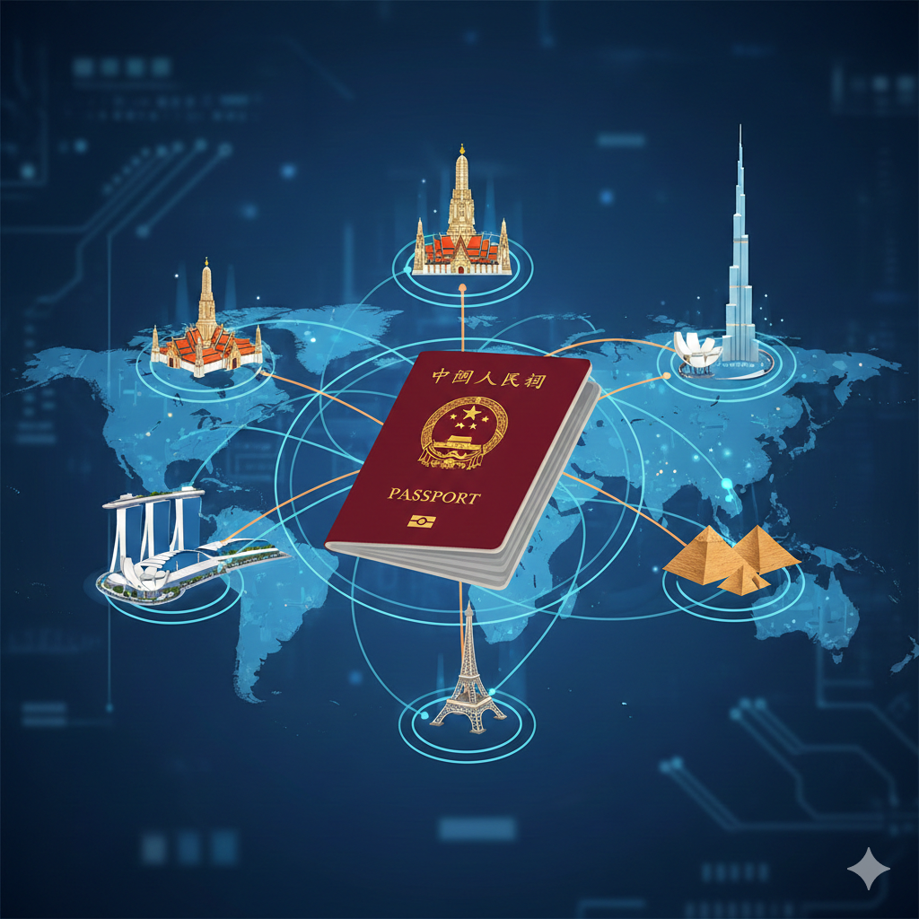 A creative infographic-style image representing global connectivity. In the center, a stylized Chinese passport is surrounded by iconic landmarks from visa-free countries like the Grand Palace in Bangkok, the Marina Bay Sands in Singapore, and the Burj Khalifa in Dubai. The elements are connected by glowing flight paths on a subtle blue globe background. The aesthetic is modern and tech-savvy, symbolizing the convenience and 'power' of the passport in 2025. Bright, vibrant colors with a clean corporate look.