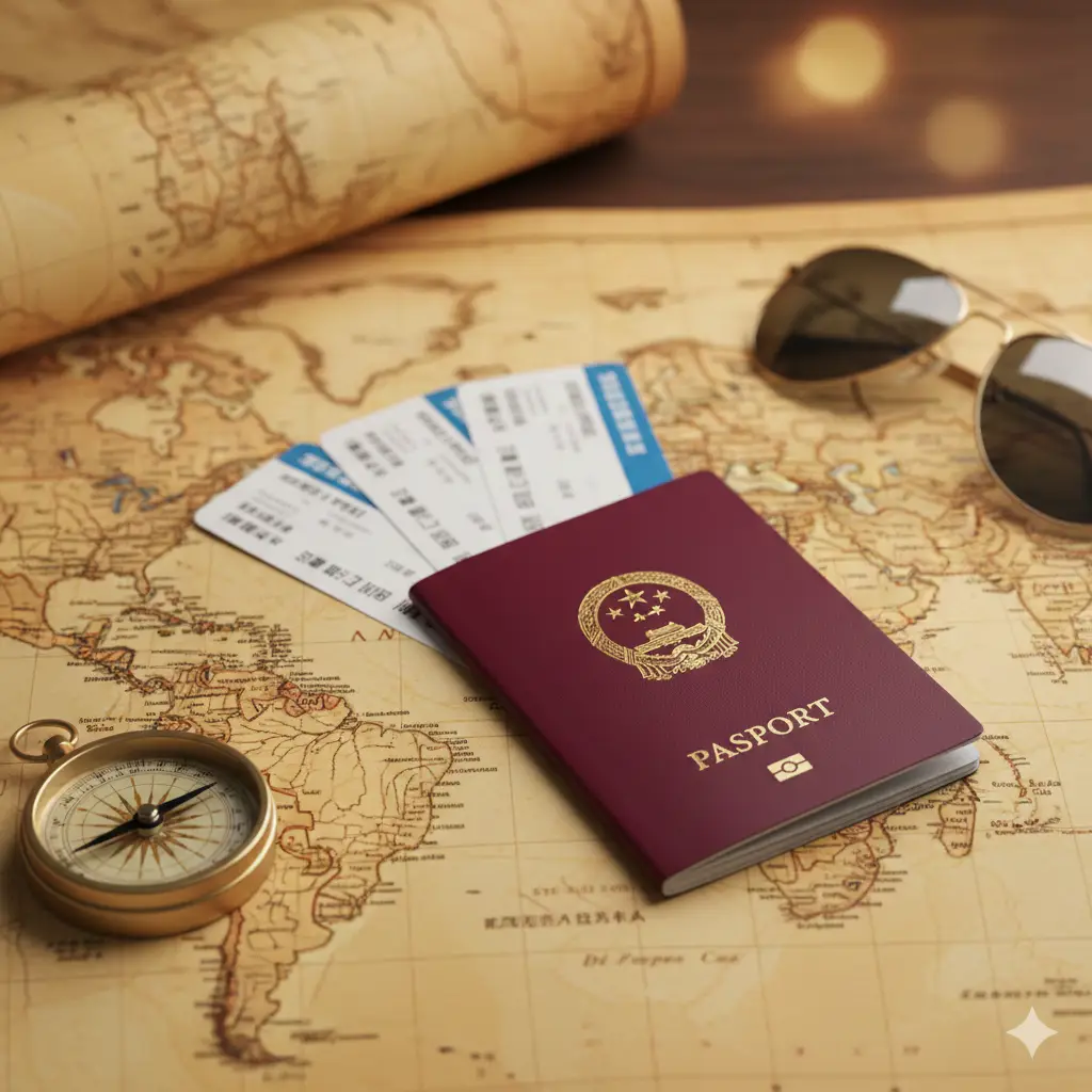 一张高质量的特写摄影图,展示一本红色的中国护照放置在一张复古风格的世界地图上。护照旁边摆放着几张登机牌、一个指南针和一副太阳镜,象征着全球旅行的自由与便捷。光线柔和温暖,重点照亮护照上的国徽,背景虚化处理,营造出高端、专业且充满探索欲的氛围,完美契合global-visa.top的专业品牌形象。