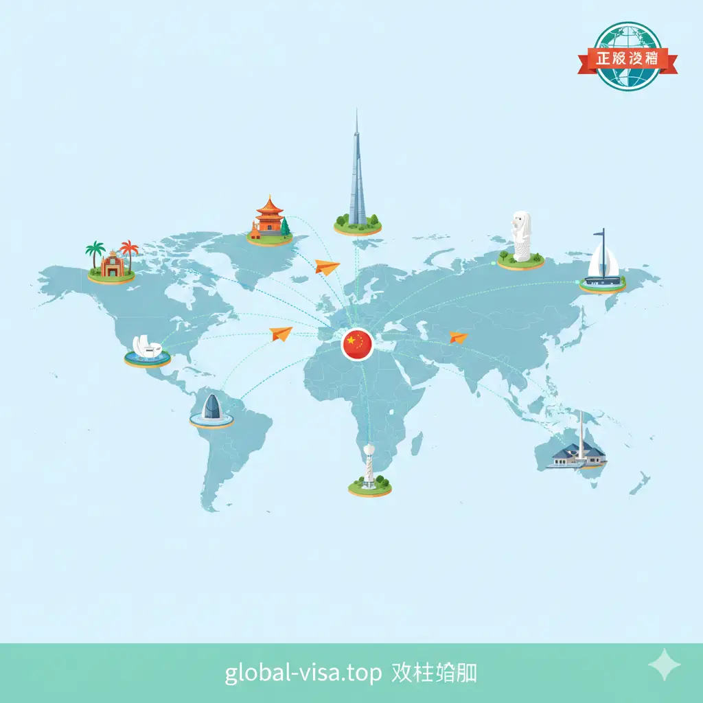一张展示免签国家多样性的功能图。采用扁平化现代设计风格,背景是淡蓝色的世界地图,地图上散布着泰国、新加坡、马尔代夫、阿联酋等国家的微缩地标模型(如鱼尾狮、帆船酒店)。画面中融入一些动态元素如虚线航线和飞往各地的纸飞机,配色明亮清新,使用薄荷绿、天蓝色与亮橙色,视觉化呈现global-visa.top强大的数据汇总能力。
