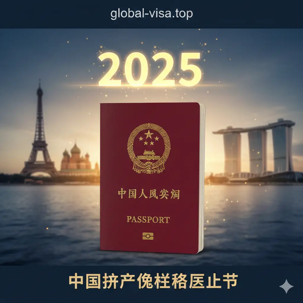 一张极具冲击力的封面图,画面中心是一本深红色的中华人民共和国护照,护照上方悬浮着亮金色的‘2025’文字。背景是模糊的全球地标,如埃菲尔铁塔、大皇宫和新加坡滨海湾。整体色调采用温暖的金色与深蓝色对比,构图大气,展示出环球旅行的自由感与护照含金量升值的视觉意象。