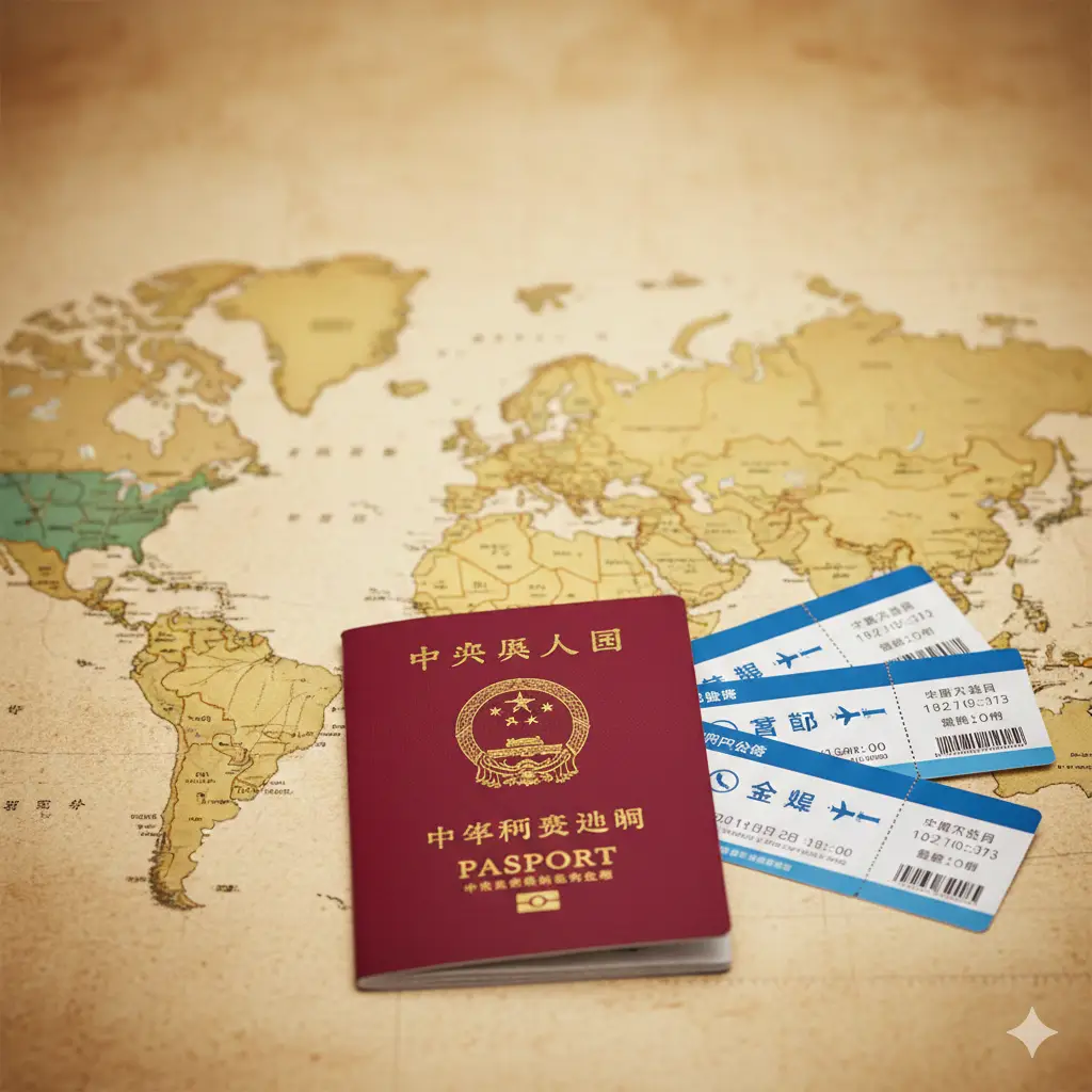 一张高清且具有视觉冲击力的封面图。画面中心是一本红色的中国普通护照，放置在精美的世界地图背景上。护照旁边散落着几张通往曼谷、新加坡和巴黎的国际机票。整体色调温暖且充满旅行氛围。