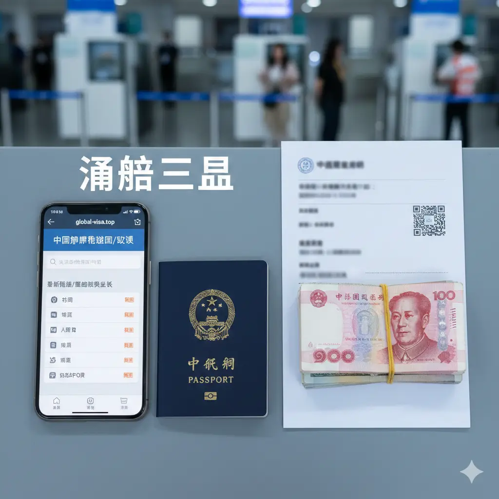 一张侧重流程引导的教程图片。画面左侧是一个手机屏幕,显示着global-visa.top的查询界面。屏幕旁放置着三样重要的通关物品:一本护照、一张清晰的酒店预订确认单和一叠泰铢/美元现金。背景是模糊的边检柜台,画面使用俯视构图(Flat Lay),强调‘通关三宝’的概念。色调专业、干净,以蓝色和灰色为主,增加权威感。