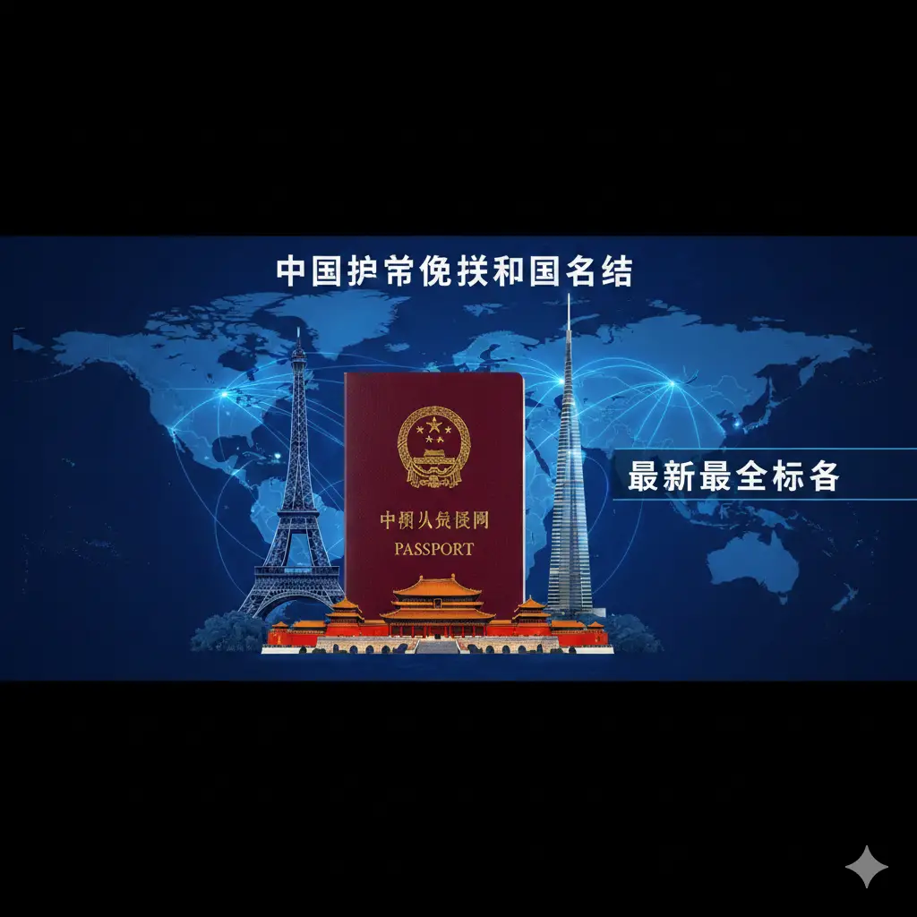 一张极具视觉冲击力的封面图。画面中央是一本暗红色的中国护照，周围环绕着世界著名的地标建筑，如埃菲尔铁塔、迪拜哈利法塔和泰国的寺庙。背景是深蓝色的世界地图，带有发光的航线连接各洲。整体色彩以中国红和科技蓝为主调，构图采用对称式，风格大气且富有国际感，右侧留有空白位置方便叠加'最新最全名单'的文字标题。