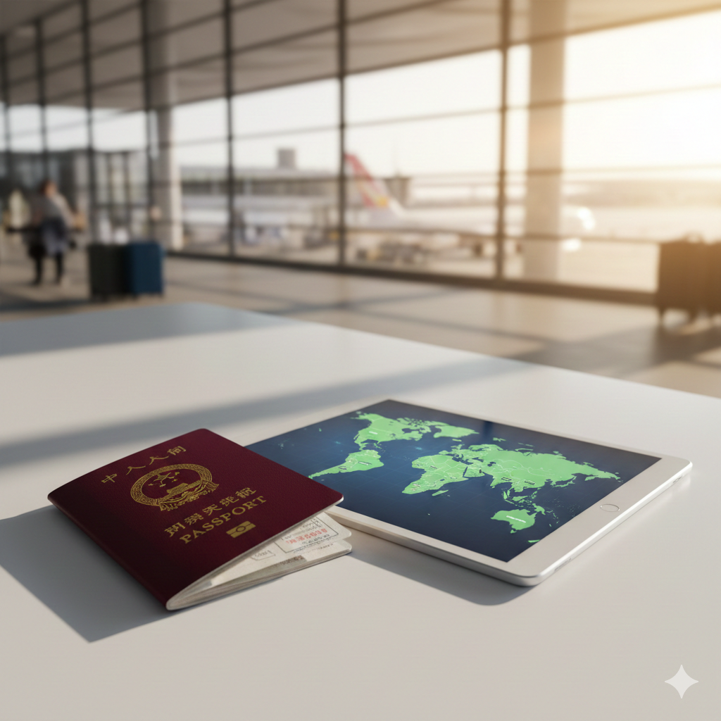 A high-quality cinematic cover image featuring a dark red Chinese passport with gold emblem placed on a clean, modern white desk next to a digital tablet displaying a world map. The background is a soft-focus international airport terminal with warm sunlight streaming through large windows. The overall style is professional, travel-oriented, and high-end, using a shallow depth of field to make the passport the central focus. The colors are dominated by rich red, gold, and bright airy whites.