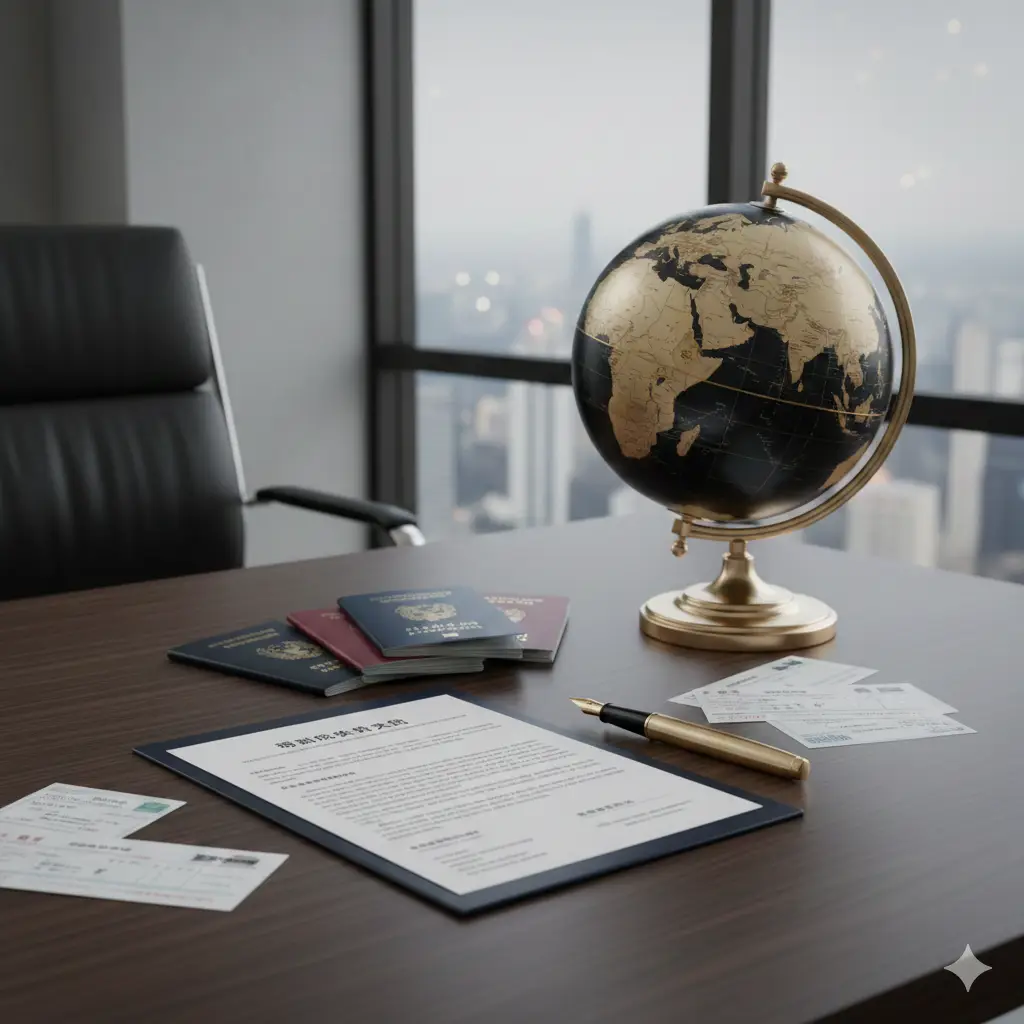 一张针对中国护照免签国家查询的教程指导图。画面展示一只手拿着智能手机，正在操作一个简洁的护照查询界面。背景是柔和的机场候机厅虚化场景，手机屏幕上重点突出‘输入国家名称’、‘即刻获取免签政策’的指引箭头和图标。