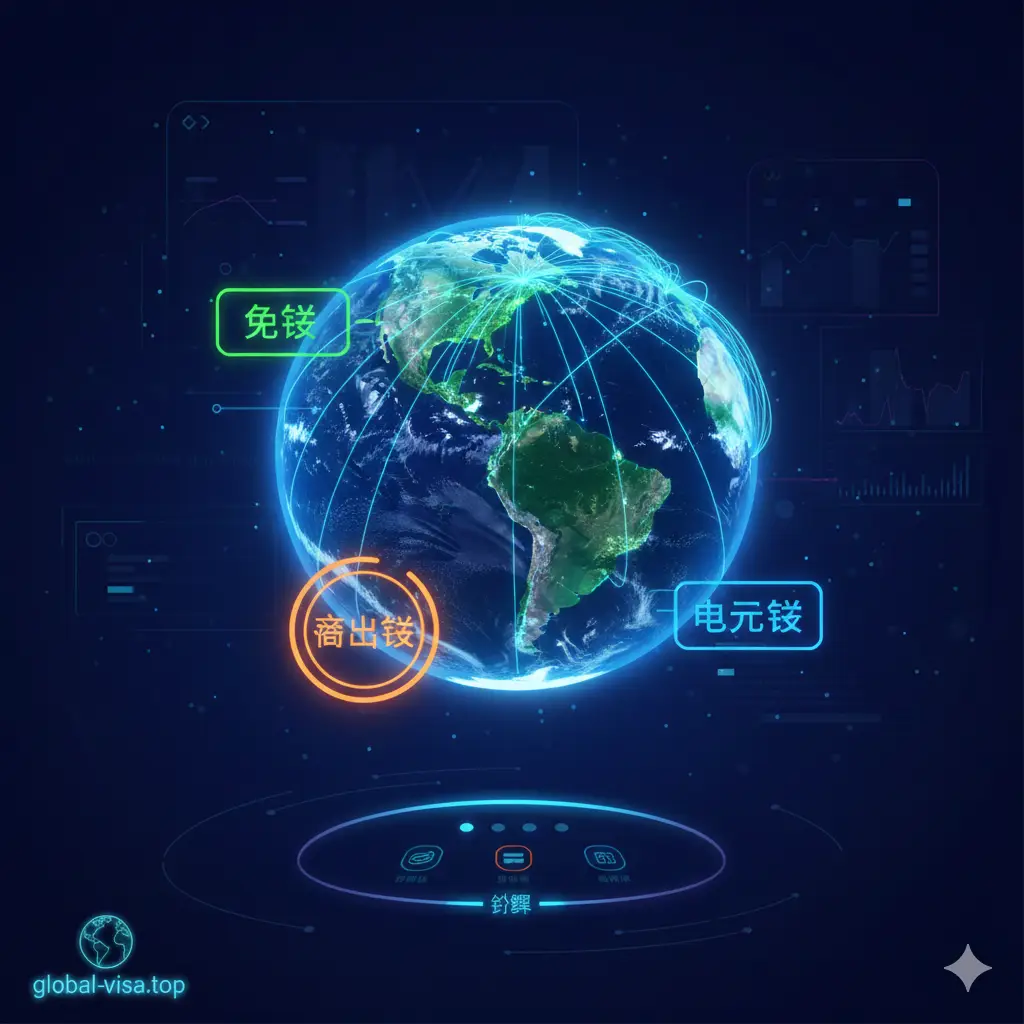 展示网站功能特性的图片。画面呈现一个现代化的数字仪表盘风格，中心是一个发光的地球，周围悬浮着不同颜色的标签，分别写着‘免签’、‘落地签’、‘电子签’。背景是极简的深色调，使用霓虹线条勾勒出数据流动的感官，体现global-visa.top实时更新、数据精准的科技感。构图采用俯视透视，强调信息的层级化与筛选功能。