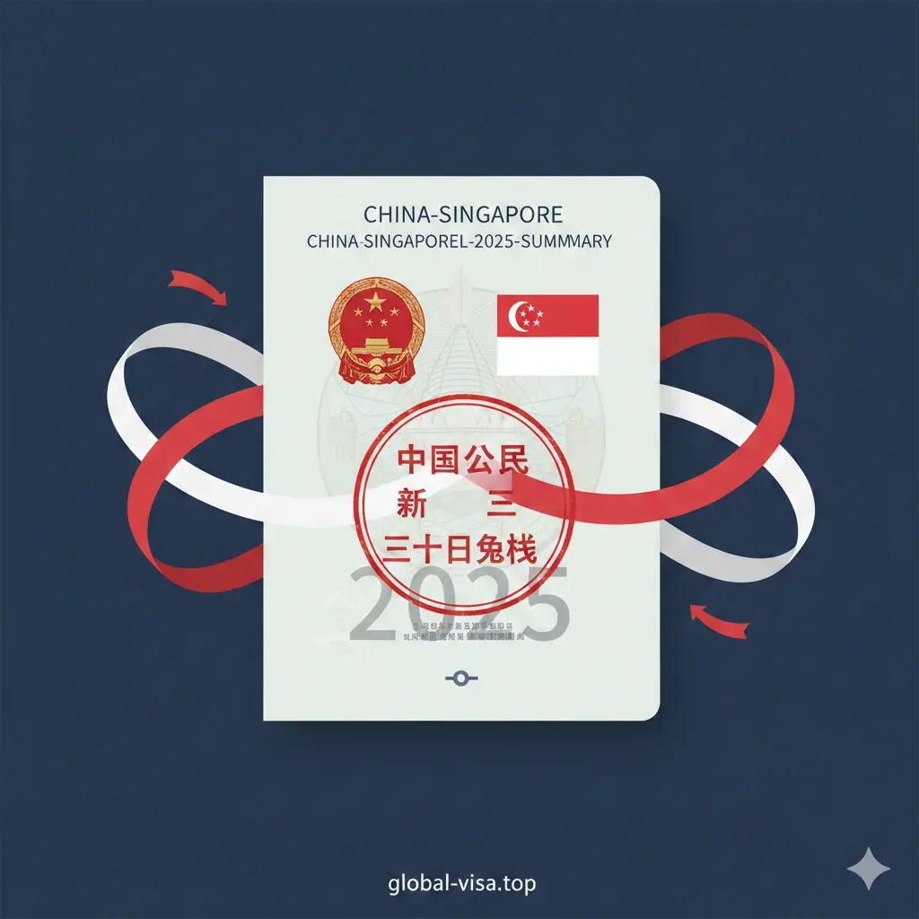 极简主义的总结性图片。画面中心是一个盖有虚拟‘30 Days Visa-Free’印章的艺术化护照页面，周围环绕着象征中新友好的红色与白色彩带。下方留白处隐约可见‘2025’的年份水印。整体风格沉稳且具权威感，作为文章结尾，再次强调政策的长期稳定性与安全感。