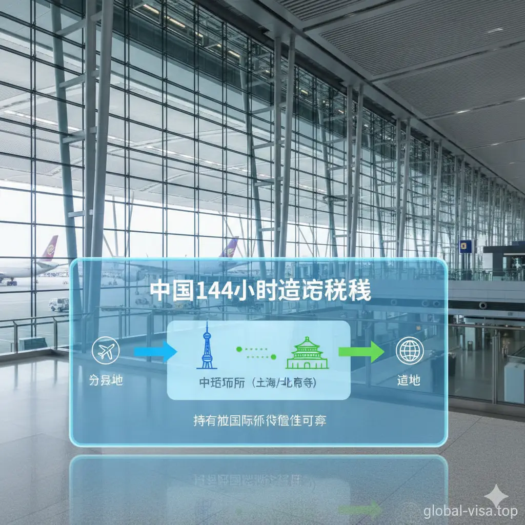展示144小时过境免签政策的功能性示意图。画面呈现一个现代化的国际机场航站楼背景，前景是一个透明的信息展示牌，上面清晰标有'144-Hour Transit'字样。图中包含上海东方明珠和北京天坛的图标，配合箭头指示从A点到B点再到C点的流程，色彩明快，以蓝色和绿色为主，传达出便捷与高效的视觉感受。