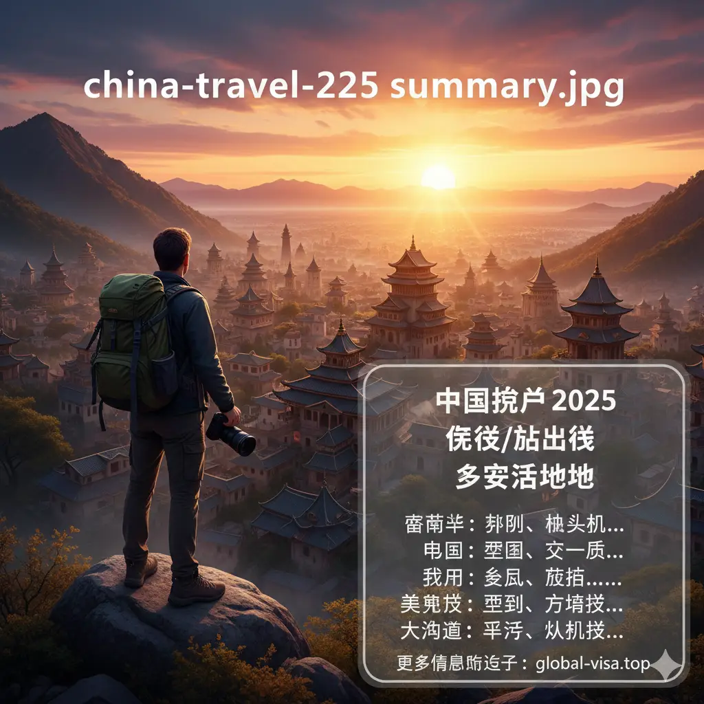 一张充满旅行向往感的总结图片。画面展示一位背着相机和背包的中国旅行者背影，正站在山巅俯瞰充满异域风情的异国城市。远方是初升的旭日，象征着2025年中国护照开启的全新旅程。画面右下角有一个半透明的总结框，列出重点免签国家列表。色彩温暖灿烂，充满希望感，构图深邃，旨在引导读者行动，通过global-visa.top开启说走就走的旅行。