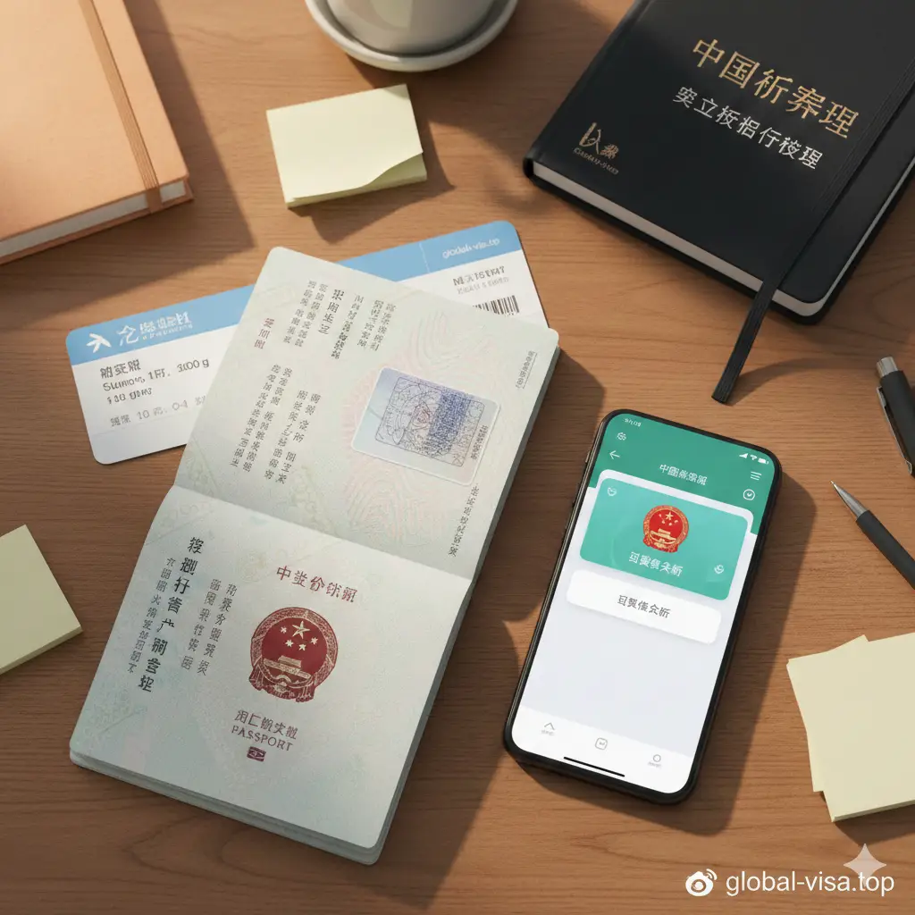 一张具有Global Visa品牌调性的俯拍桌面静物图。桌面上摆放着一本打开的护照(显示中国签证页)、一部显示支付宝界面的手机、一张登机牌。图片旨在提醒用户在解决支付问题的同时,也不要忘记最重要的签证办理。