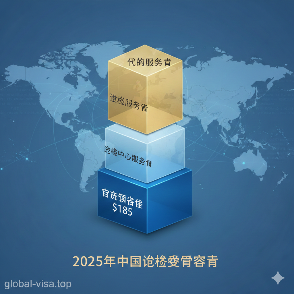 一张设计精美、现代化的3D信息图表，用于深度解析2025年中国签证费用的构成。画面中心是一个分层的水晶柱或堆叠的金币，清晰地标记为三个部分：底座是“官方领事费 $185”，中间是“签证中心服务费”，顶部是“代办服务费”。背景是抽象的金融数据线条和淡蓝色的世界地图。色彩采用商务蓝与醒目的橙色或金色进行对比，旨在帮助用户一目了然地识别不同费用的流向和比例，突出费用透明度。