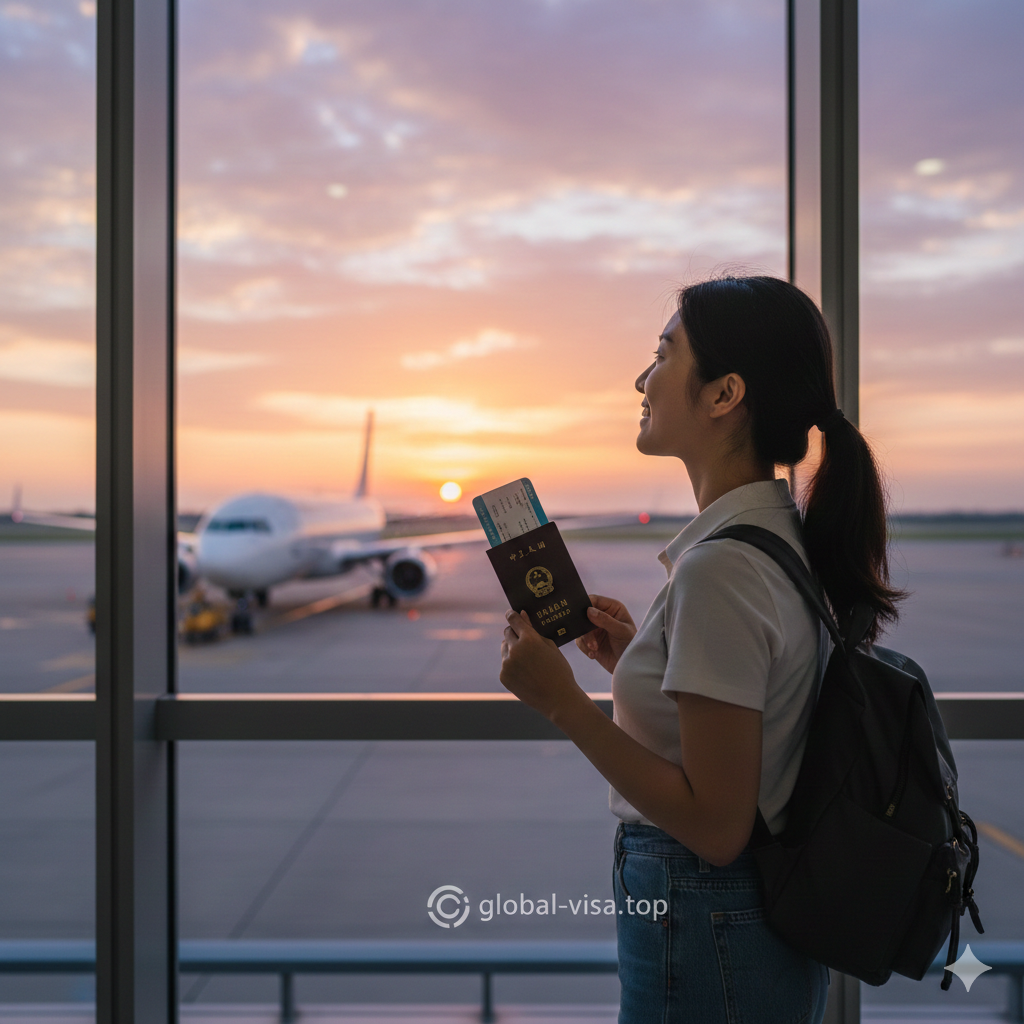 A warm and inspiring summary image featuring a happy traveler at an airport gate, looking out at an airplane while holding a Chinese passport and a boarding pass to Thailand. The sunset creates a beautiful orange and purple glow in the sky. The image conveys a sense of freedom, successful planning, and the beginning of a new journey. The brand logo 'global-visa.top' is subtly suggested in the clean, modern aesthetic of the airport environment. Wide-angle shot, emotional and aspirational.