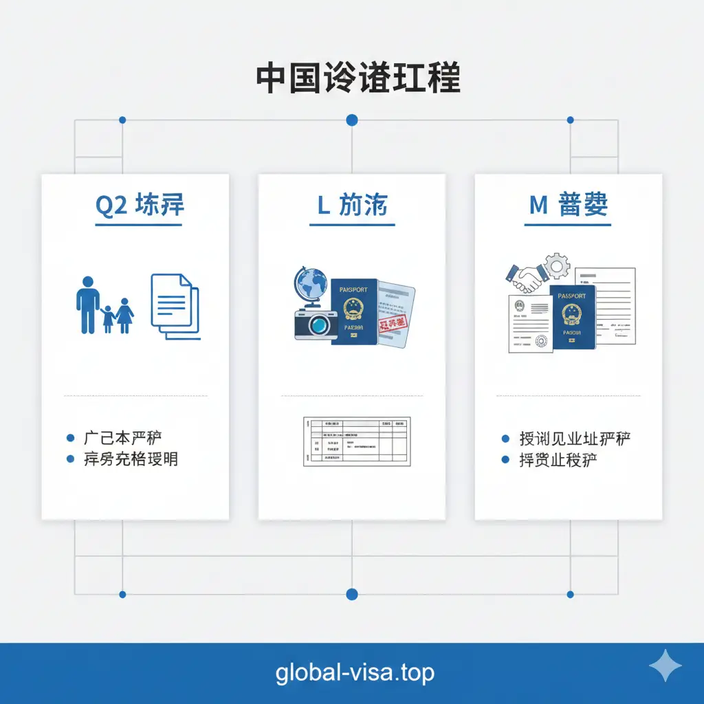 展示中国签证不同类型的分项图。采用现代简约的网格布局,包含Q2探亲、L旅游、M商务等图标元素。图片中展现出整齐堆放的申请材料、清晰的护照复印件和一张带有‘Approved’印章的表格。整体色调明亮,使用白色和浅灰色背景,辅以代表global-visa.top品牌的蓝色点缀,强调流程的标准化和分类的清晰性。